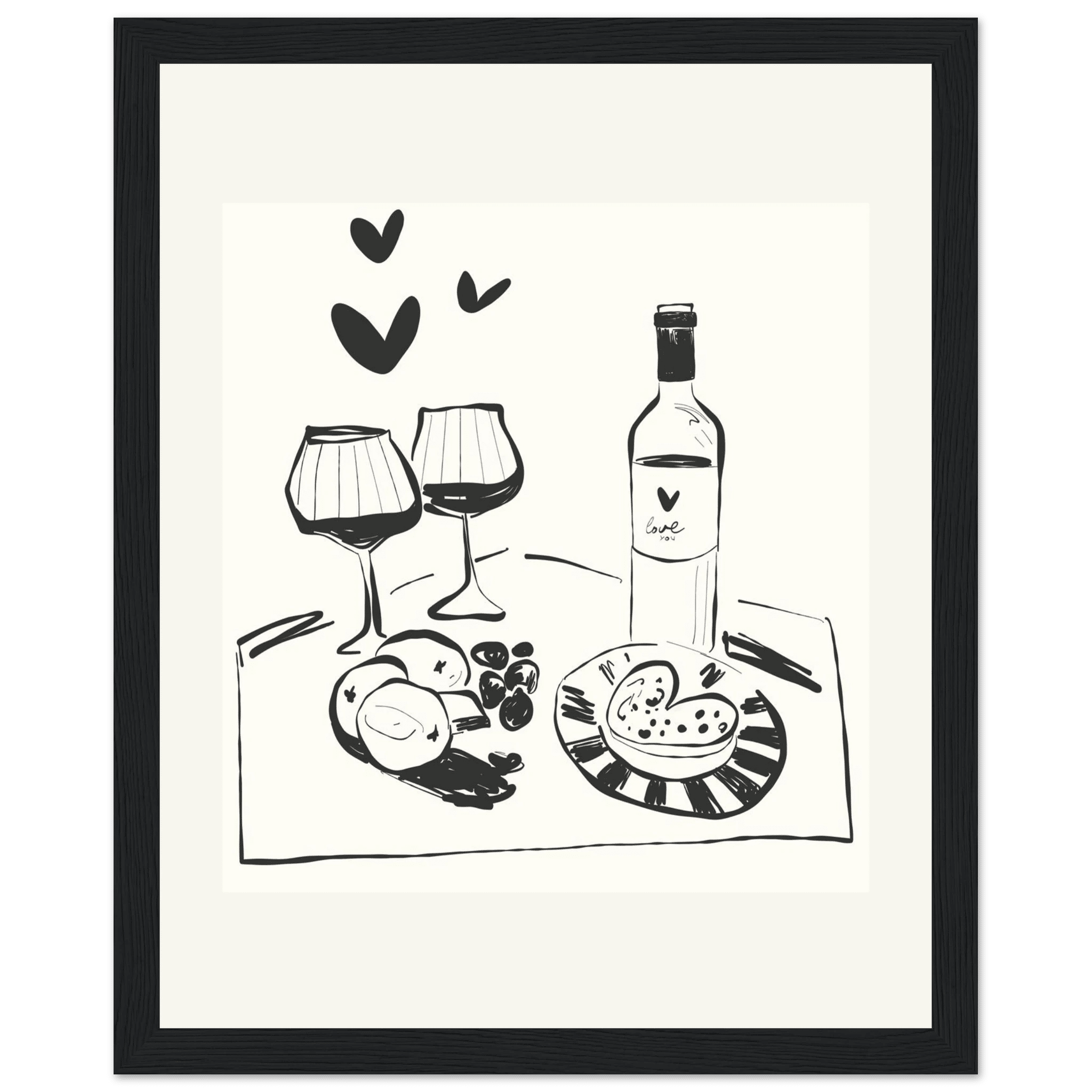 Wine for Two Print | Black Line Art Romantic Kitchen Wall Art | Couples Poster - Evergreen Posters