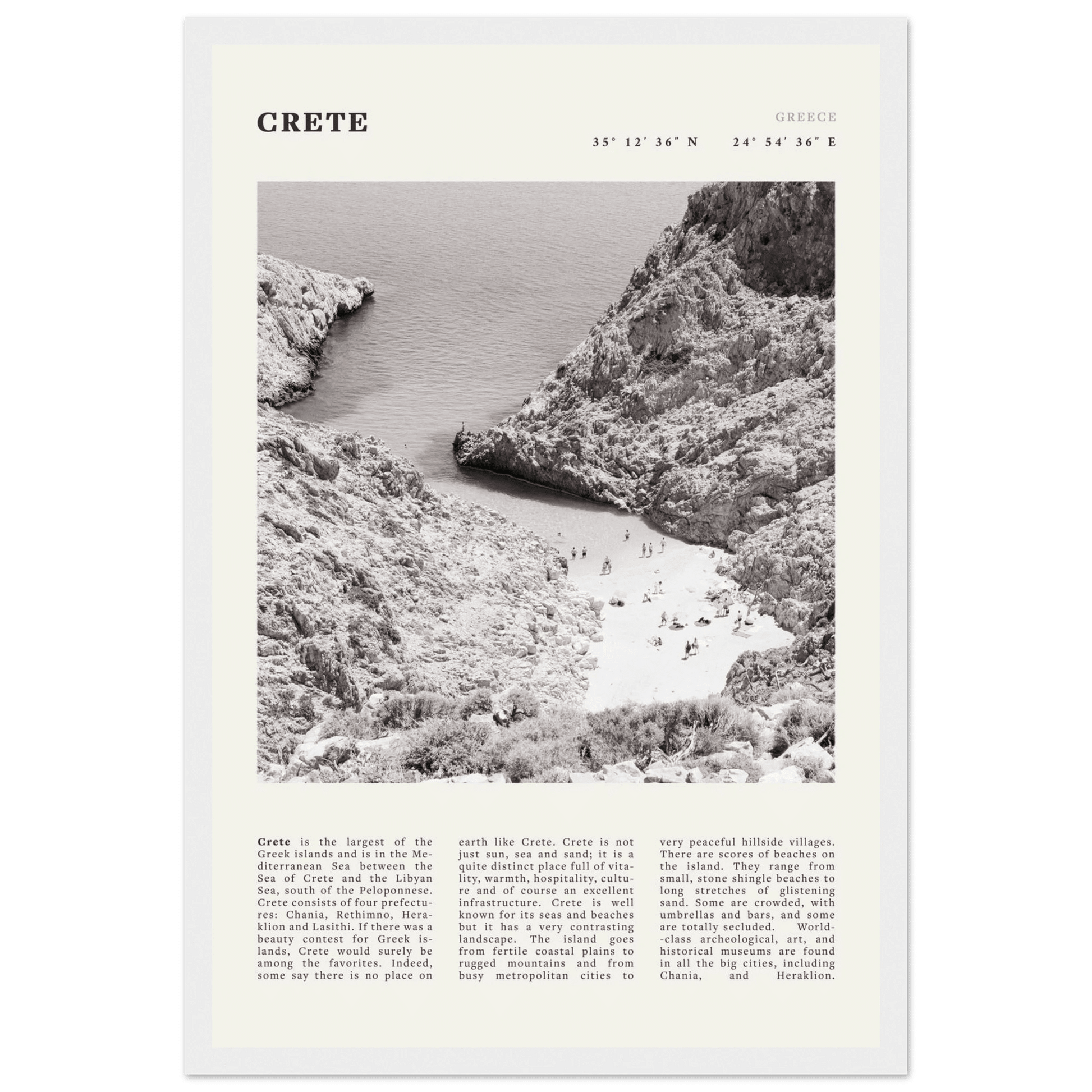 Crete Poster | Black & White Greece Beach Wall Art | Mediterranean Travel Print - Evergreen Posters