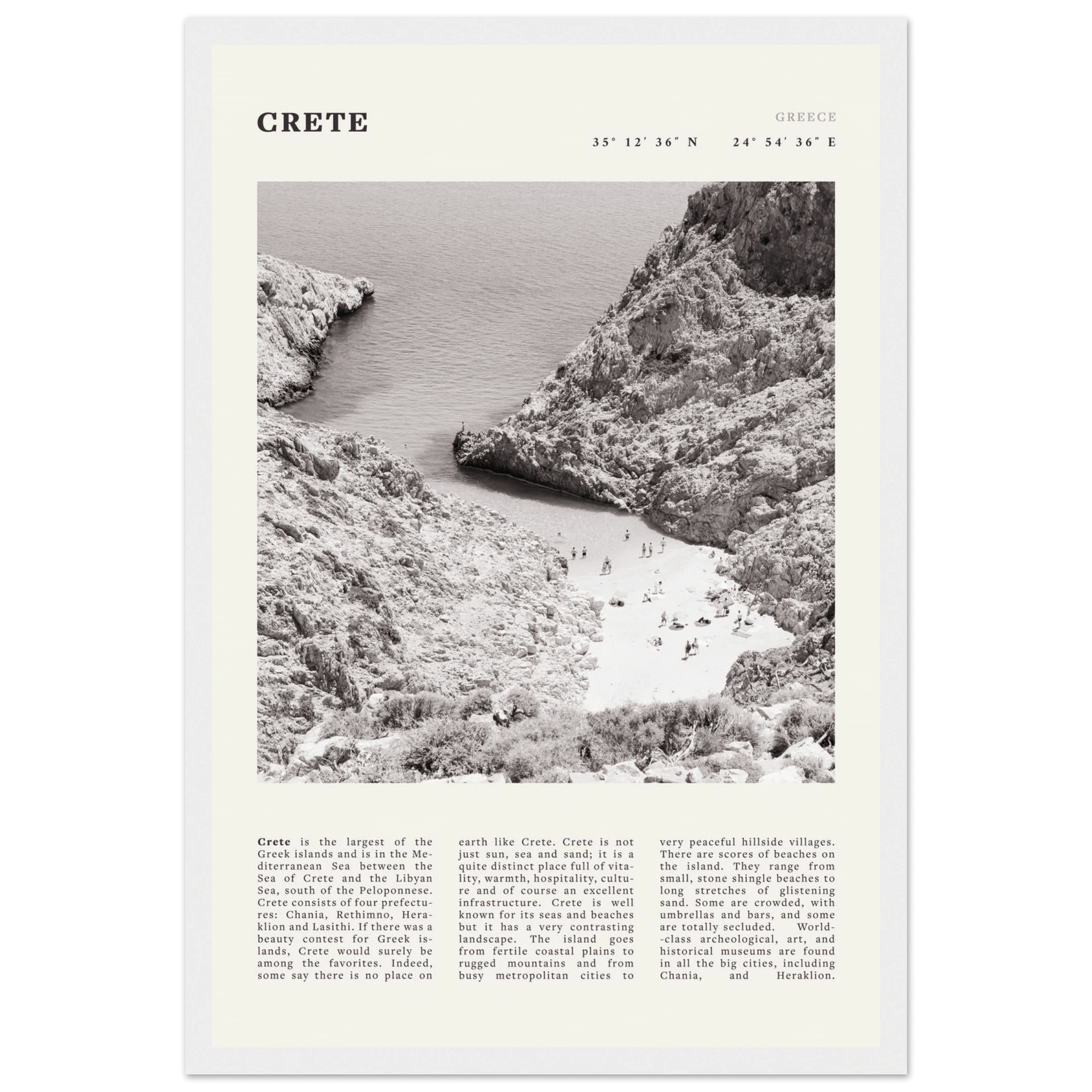 Crete Poster | Black & White Greece Beach Wall Art | Mediterranean Travel Print - Evergreen Posters