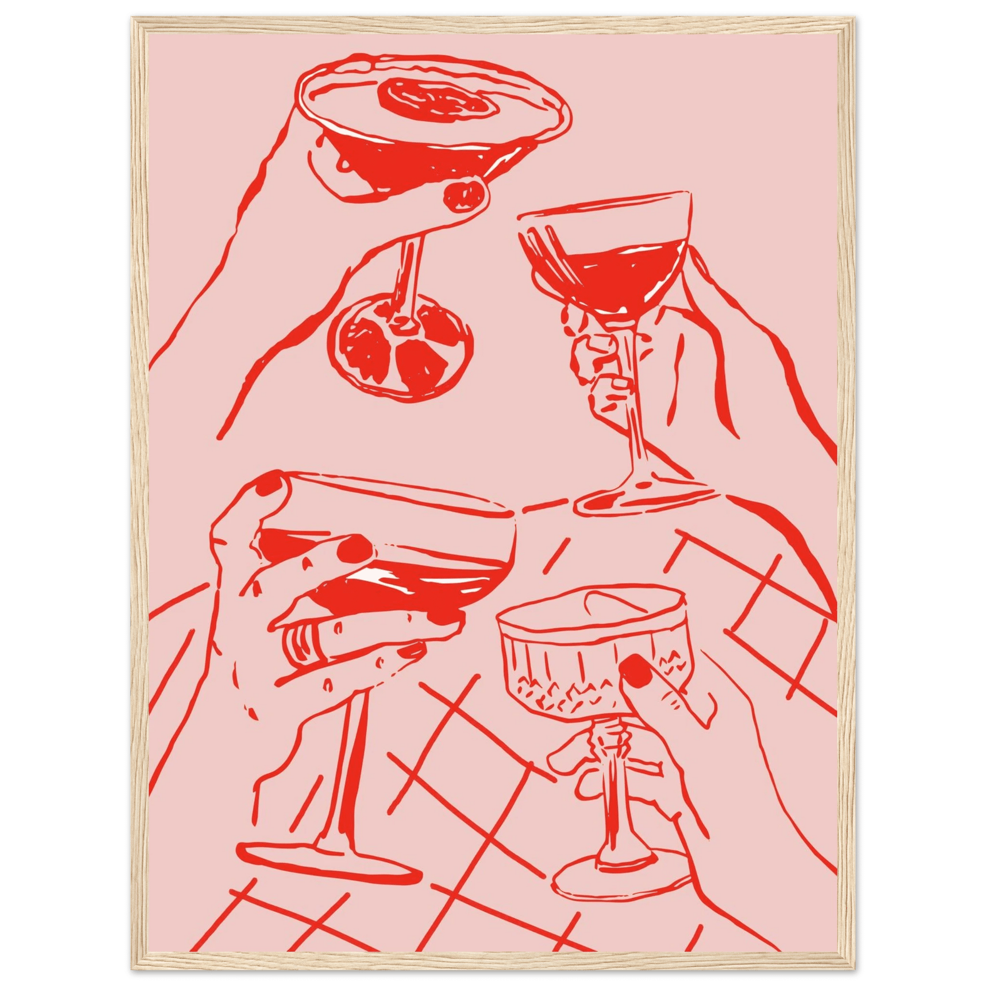 Cheers Print | Red & Pink Cocktail Glasses Wall Art | Kitchen Bar Poster - Evergreen Posters