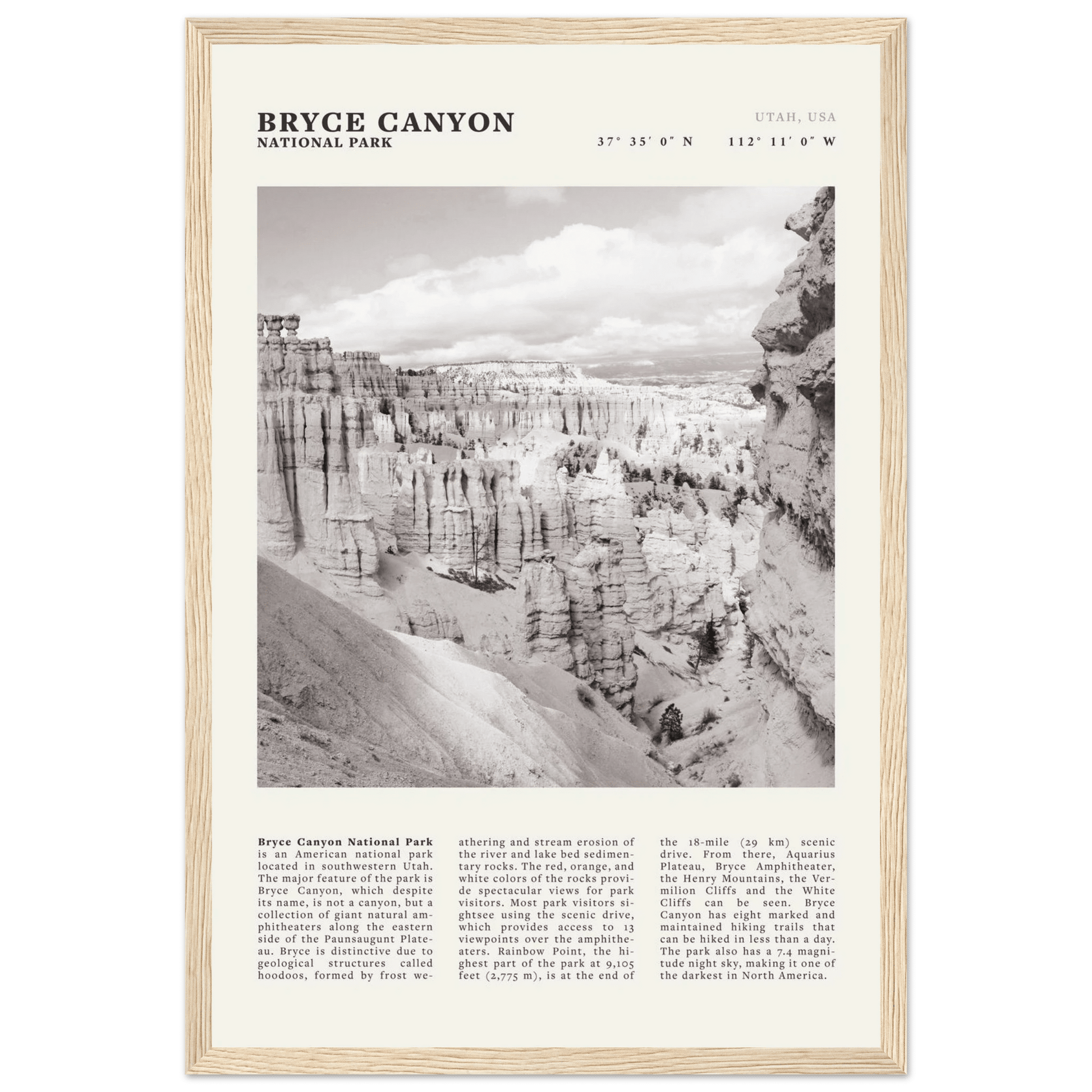 Bryce Canyon National Park Poster | Black & White Utah Hoodoos Wall Art Print - Evergreen Posters - 18