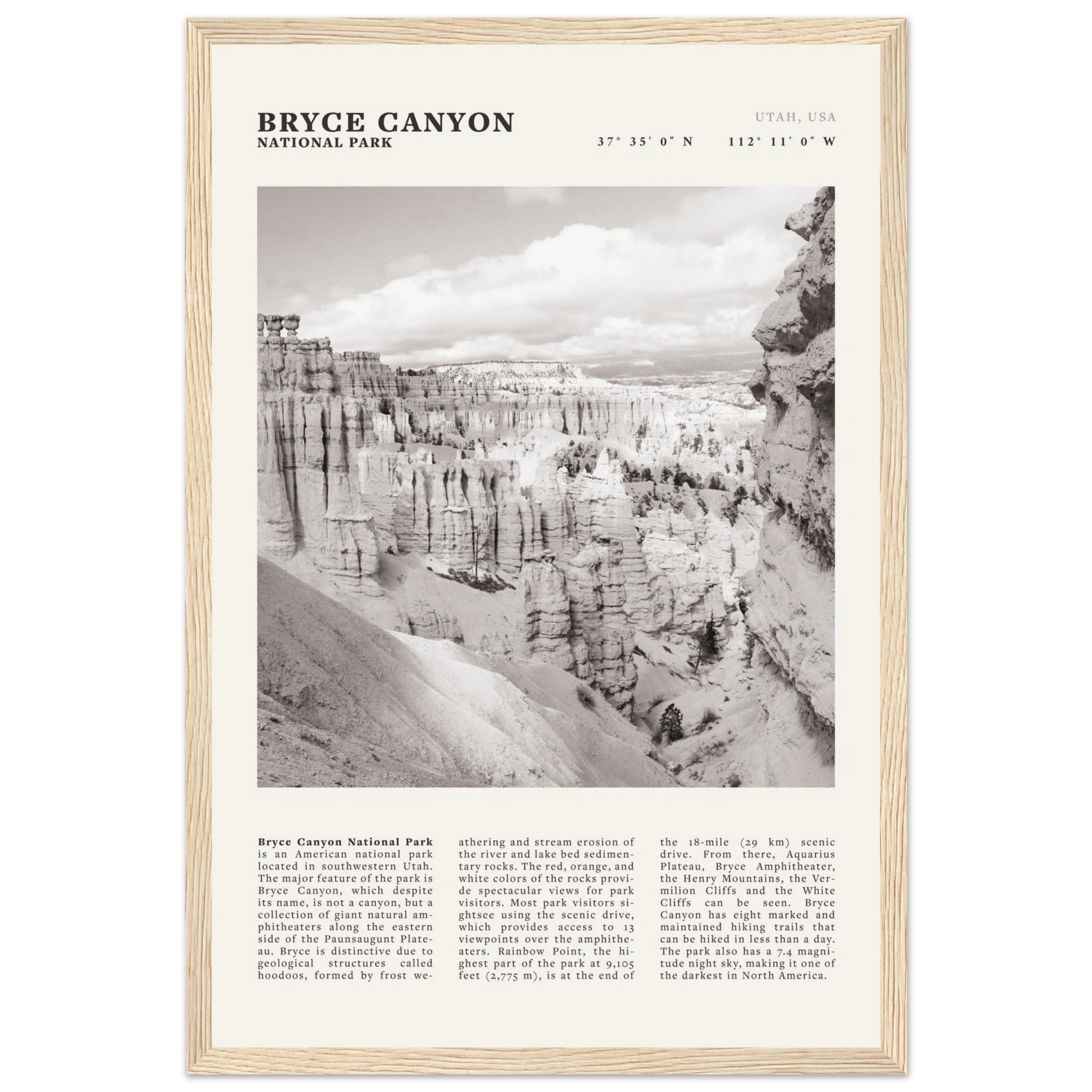 Bryce Canyon National Park Poster | Black & White Utah Hoodoos Wall Art Print - Evergreen Posters - 18