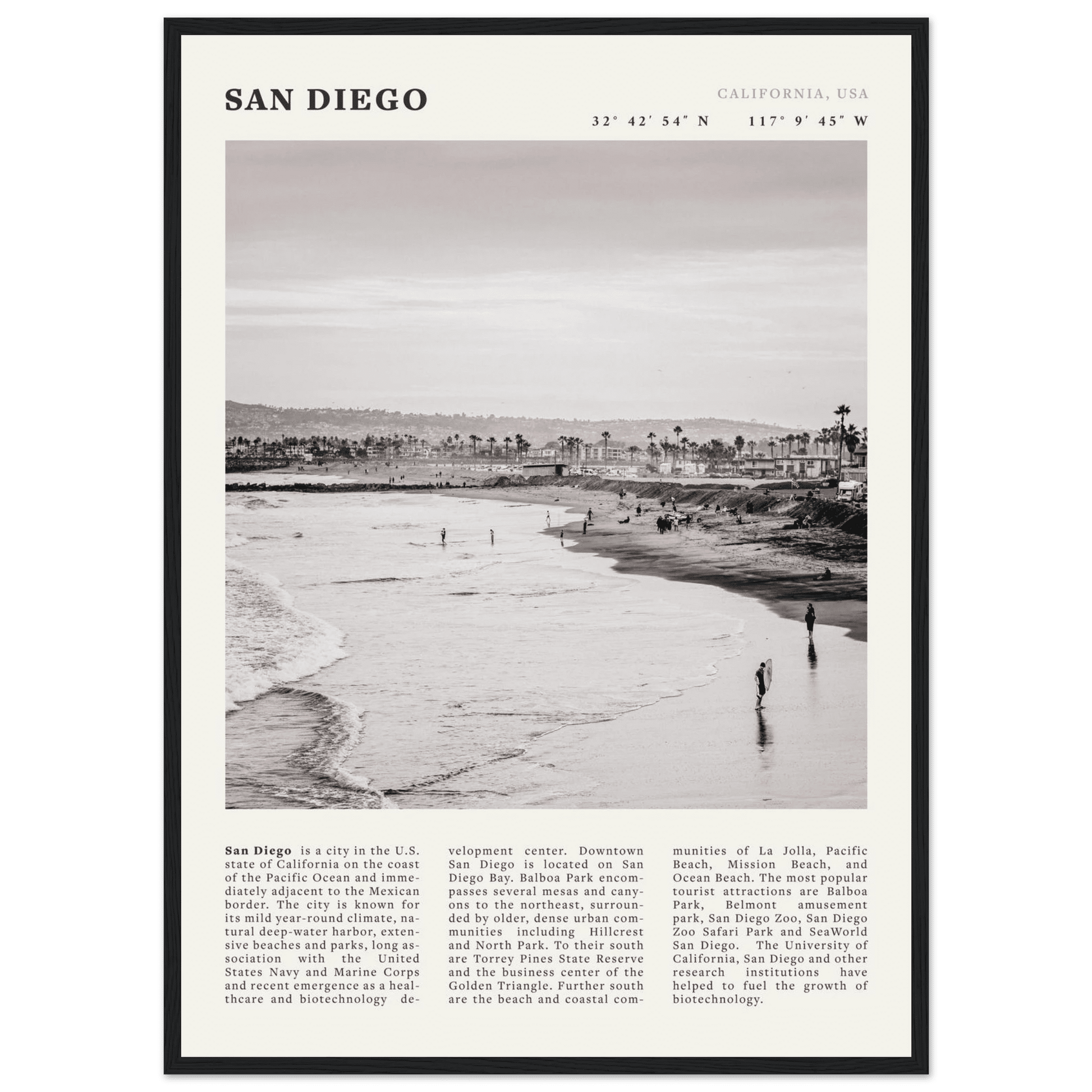 San Diego Poster | Black & White California Beach Wall Art | Coastal Travel Print Decor - Evergreen Posters