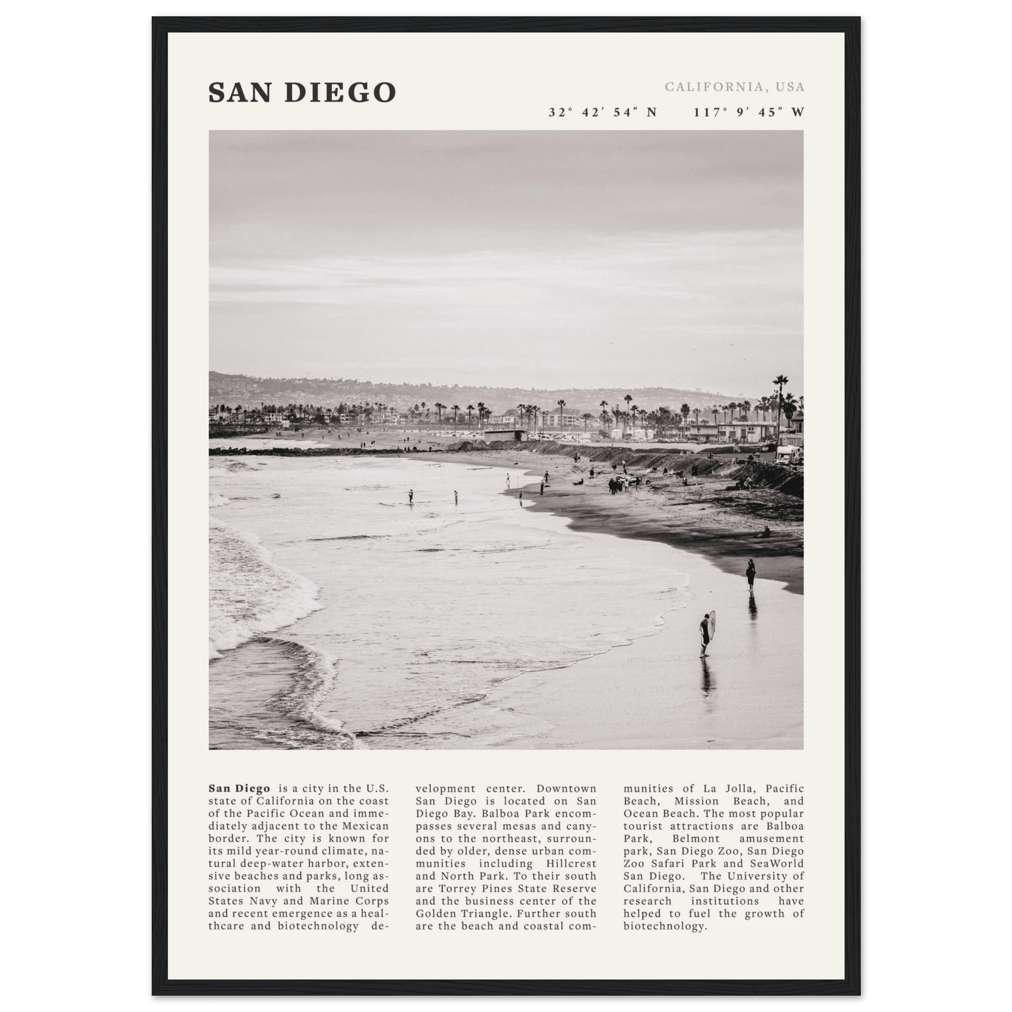 San Diego Poster | Black & White California Beach Wall Art | Coastal Travel Print Decor - Evergreen Posters