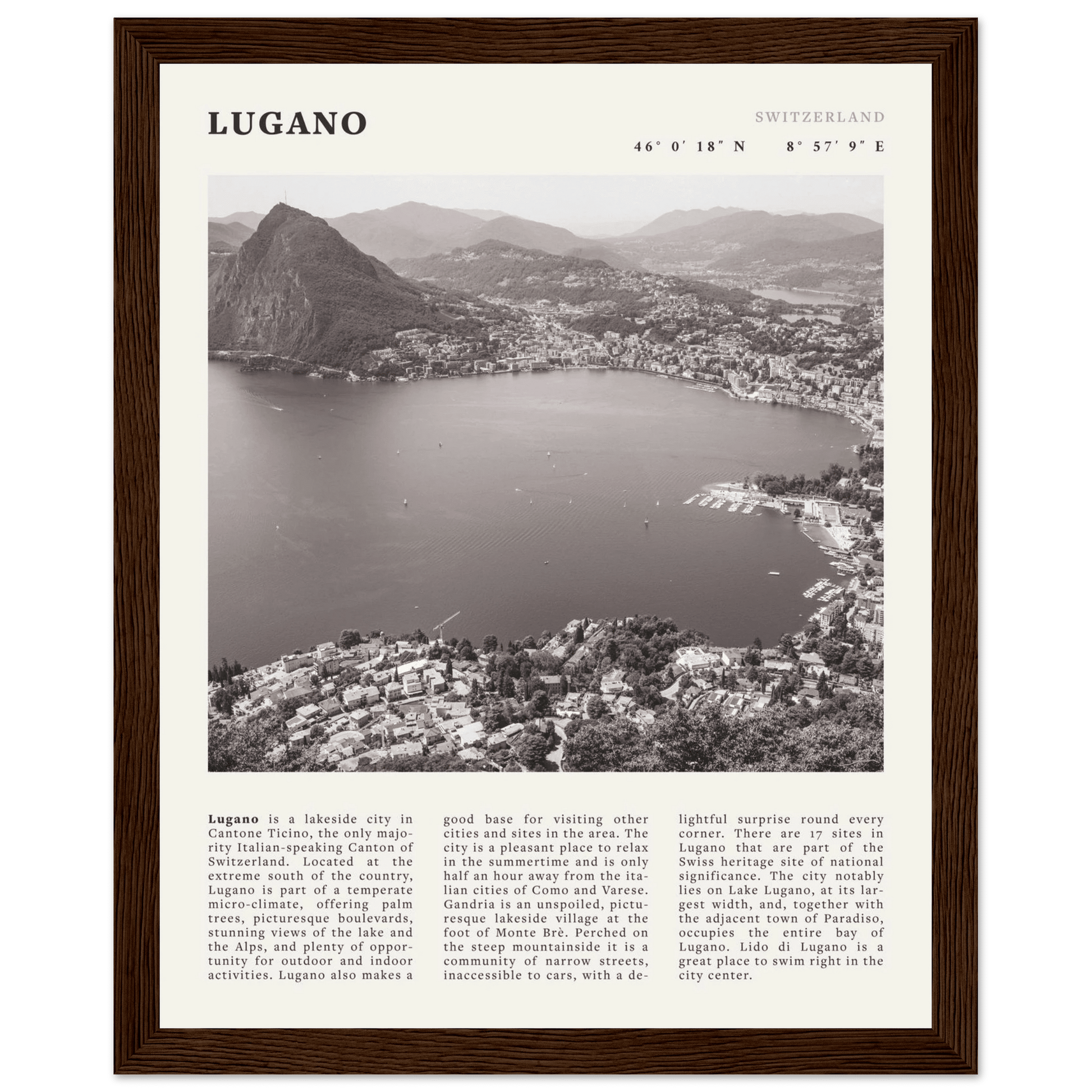 Lugano Poster | Black & White Swiss Lake Wall Art | Switzerland Travel Print - Evergreen Posters