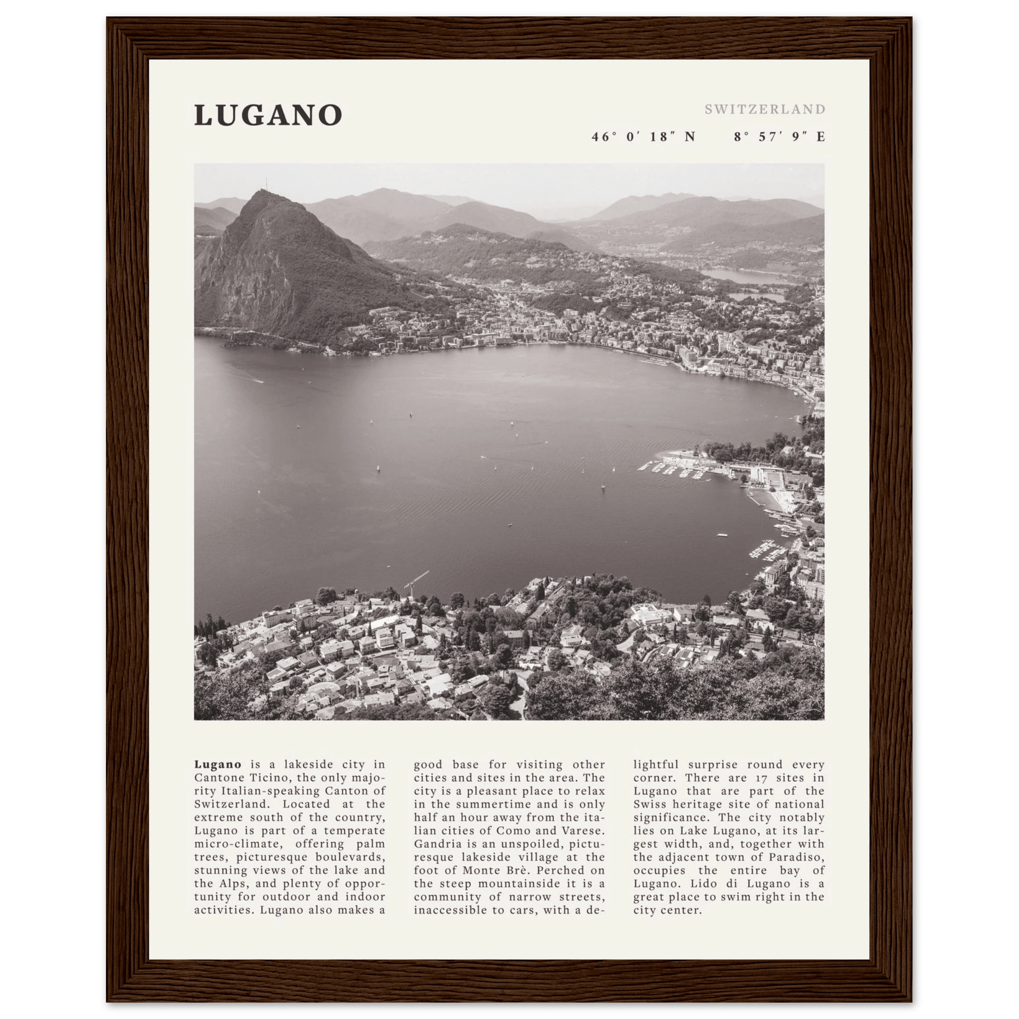 Lugano Poster | Black & White Swiss Lake Wall Art | Switzerland Travel Print - Evergreen Posters
