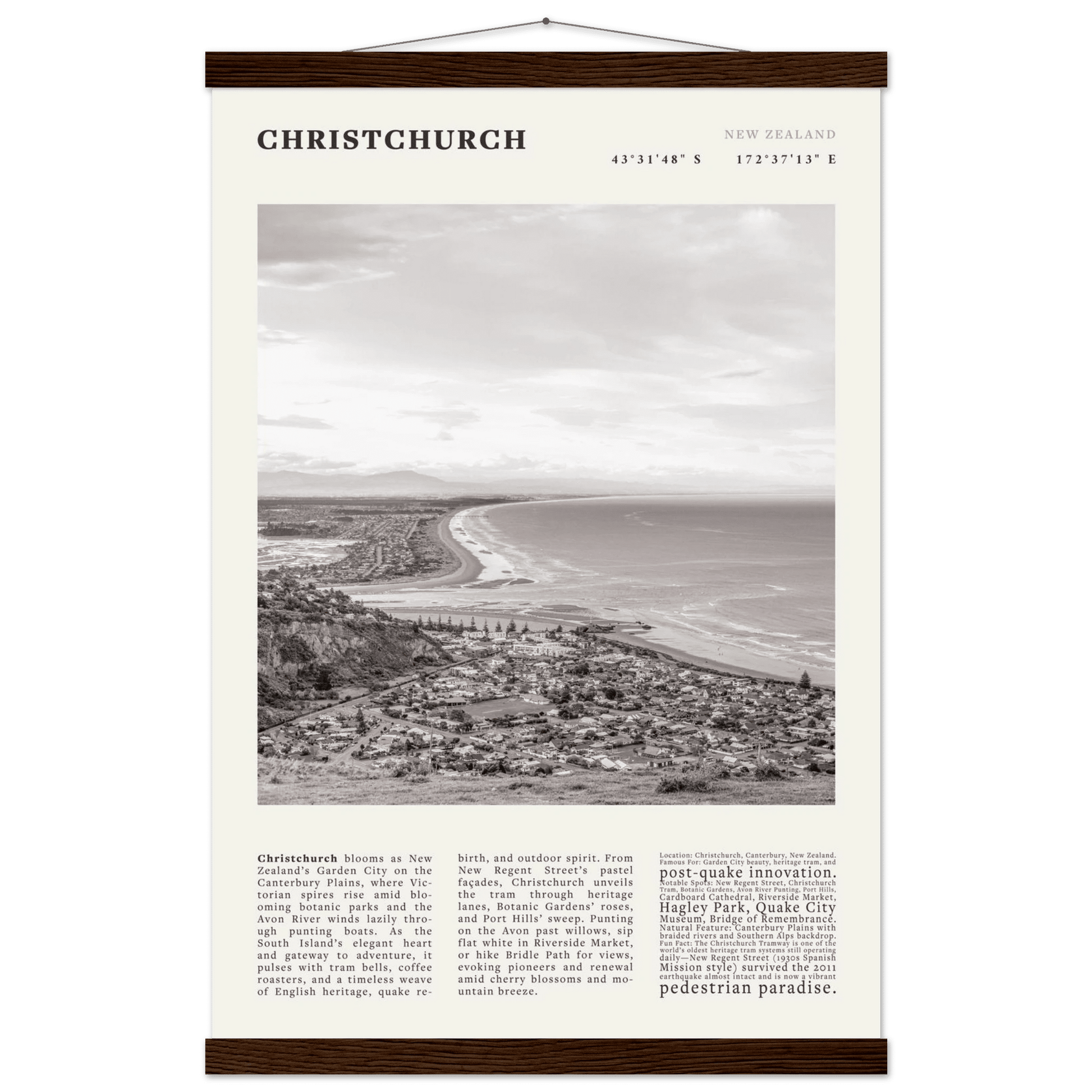 Christchurch New Zealand Poster Black and White – Vintage Garden City Panorama Print - Evergreen Posters