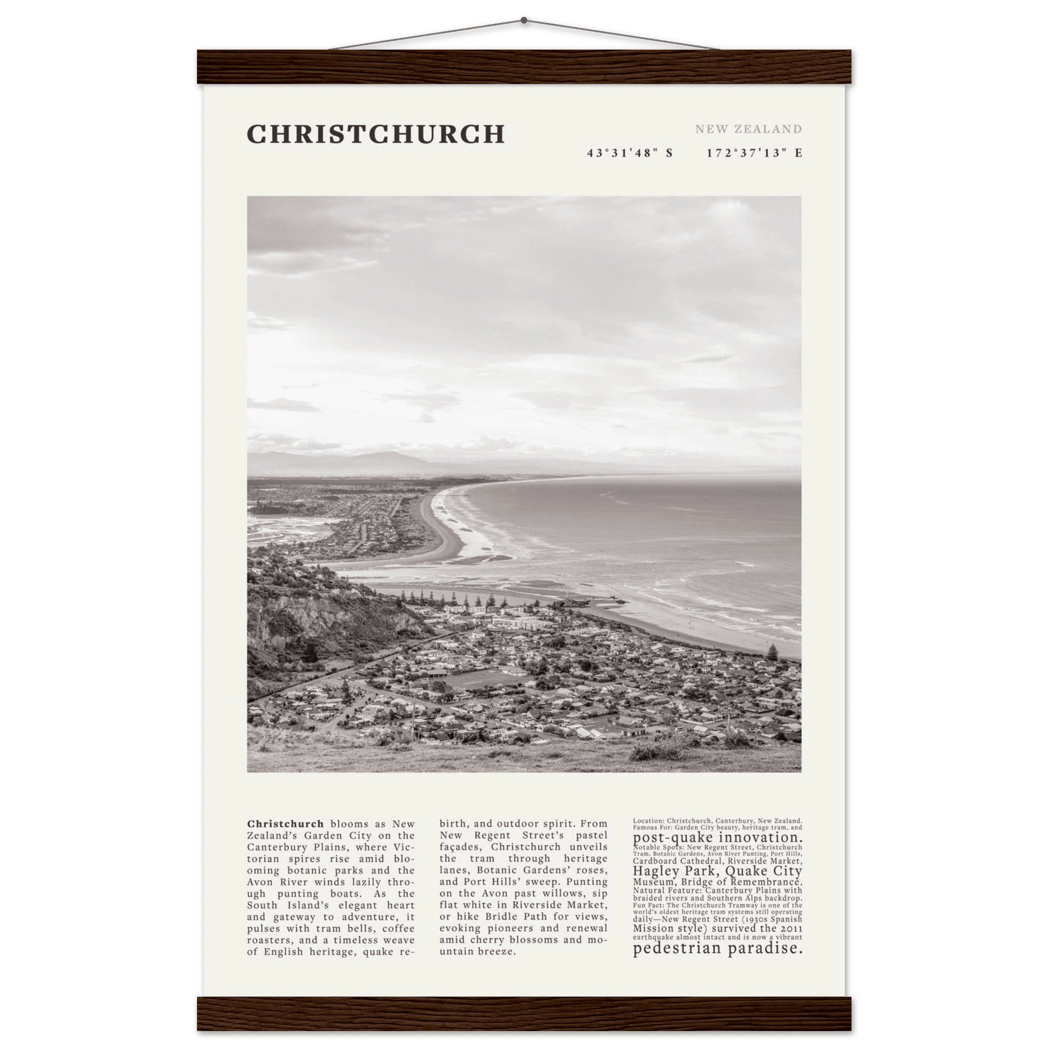 Christchurch New Zealand Poster Black and White – Vintage Garden City Panorama Print - Evergreen Posters