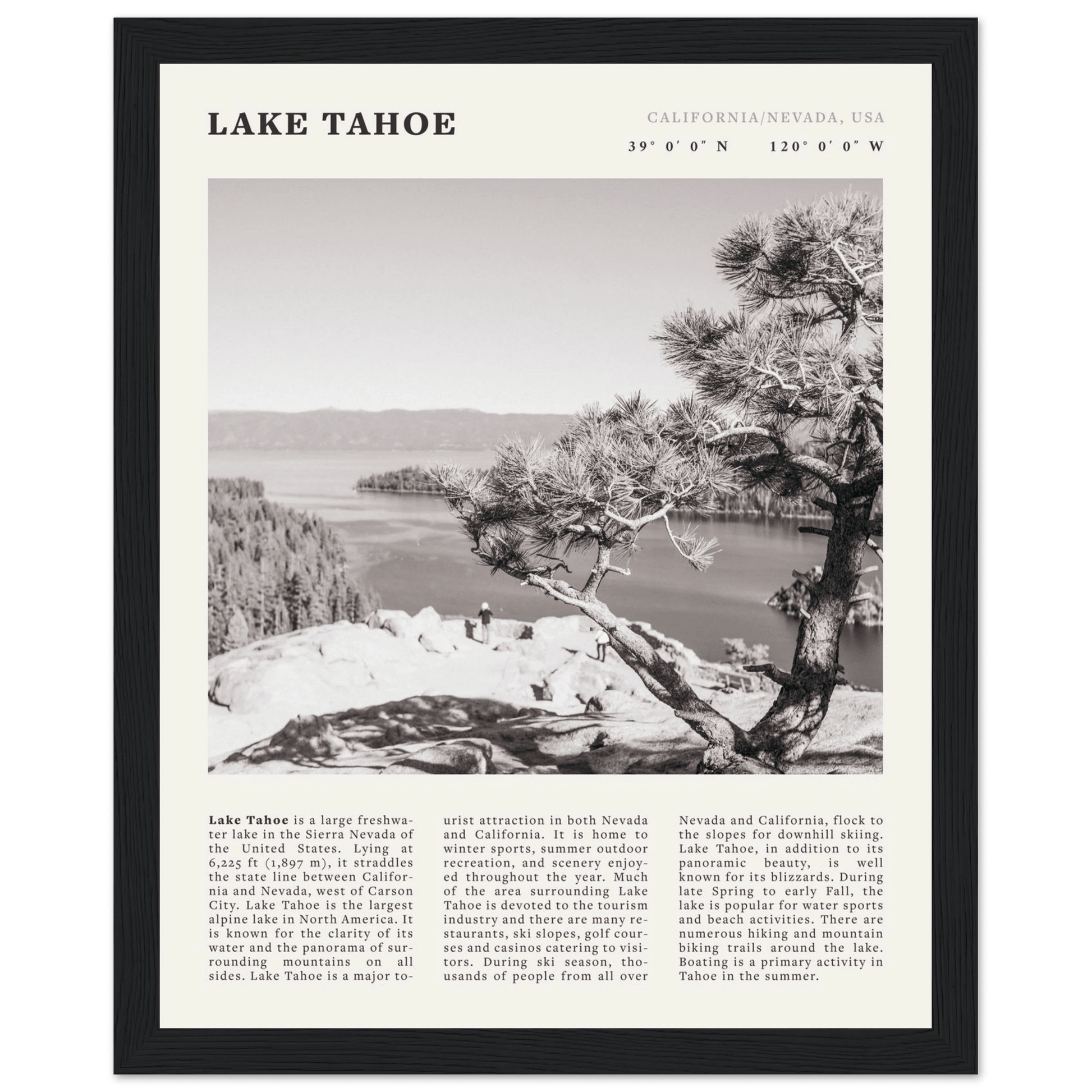 Lake Tahoe Poster | Black & White California Nevada Wall Art | Nature Travel Print Decor - Evergreen Posters