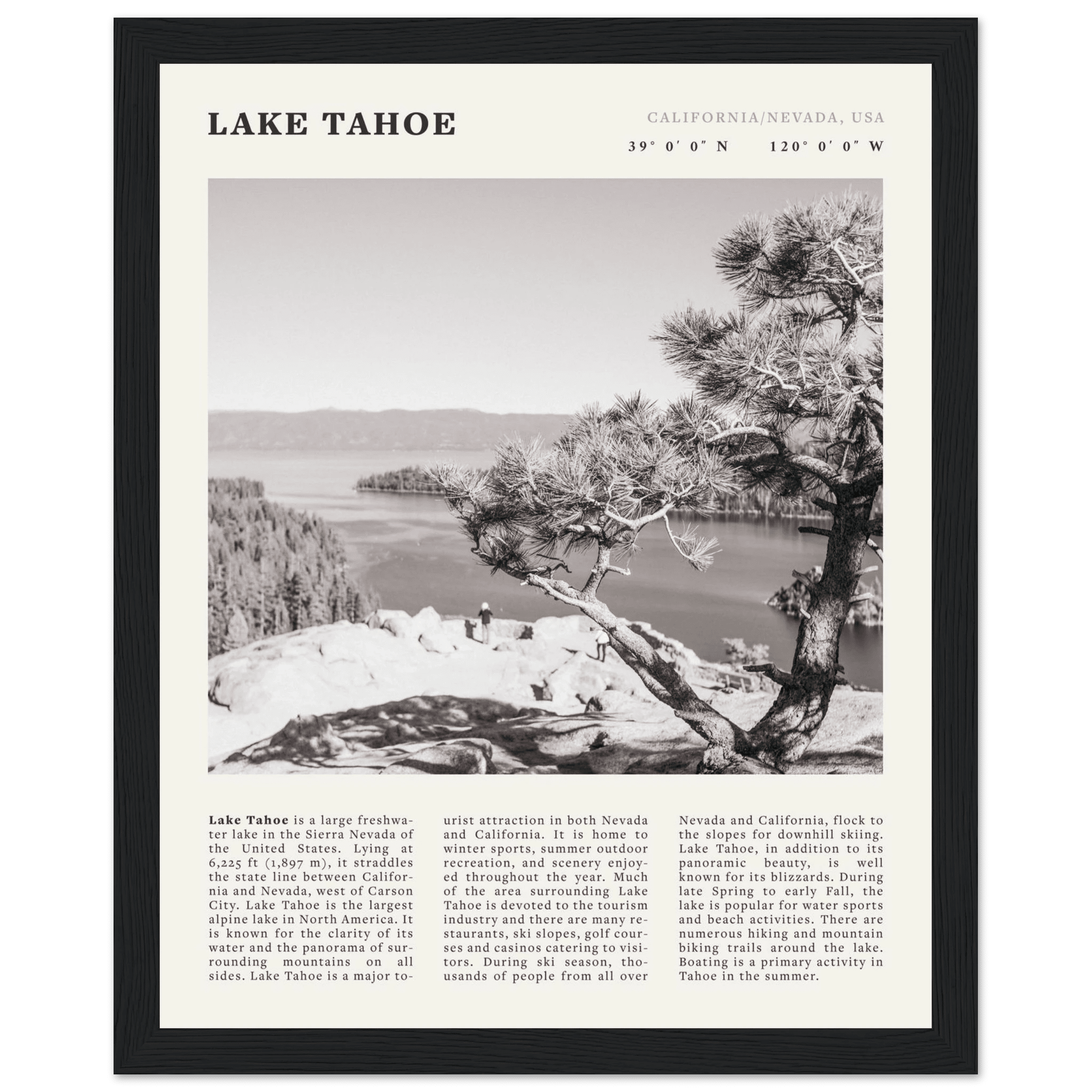 Lake Tahoe Poster | Black & White California Nevada Wall Art | Nature Travel Print Decor - Evergreen Posters
