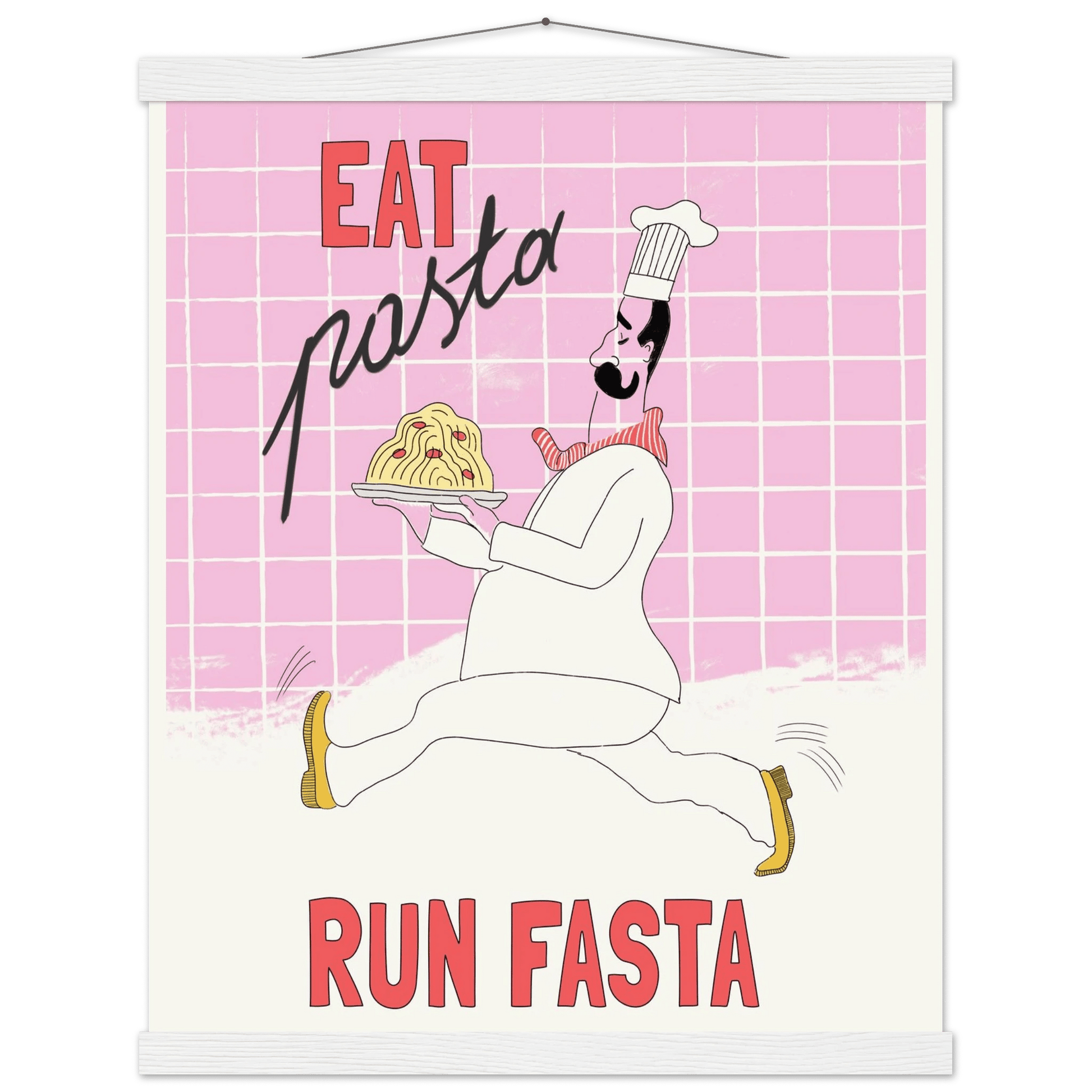 Eat Pasta Run Fasta Poster – Playful Kitchen Wall Art Print (Light Pink) - Evergreen Posters