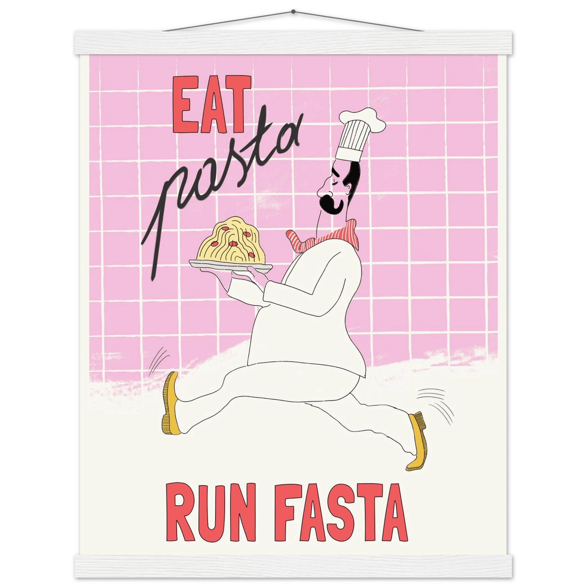Eat Pasta Run Fasta Poster – Playful Kitchen Wall Art Print (Light Pink) - Evergreen Posters