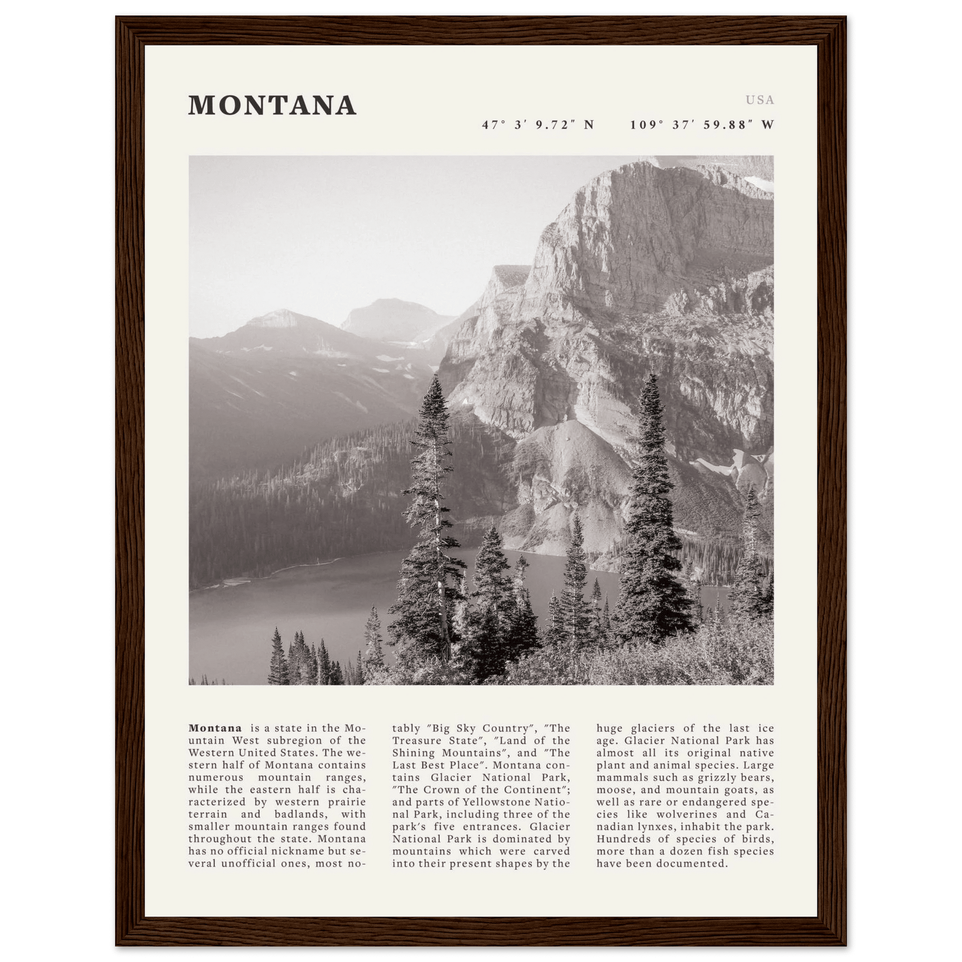 Montana Poster | Black & White Glacier National Park Wall Art | Nature Travel Print - Evergreen Posters