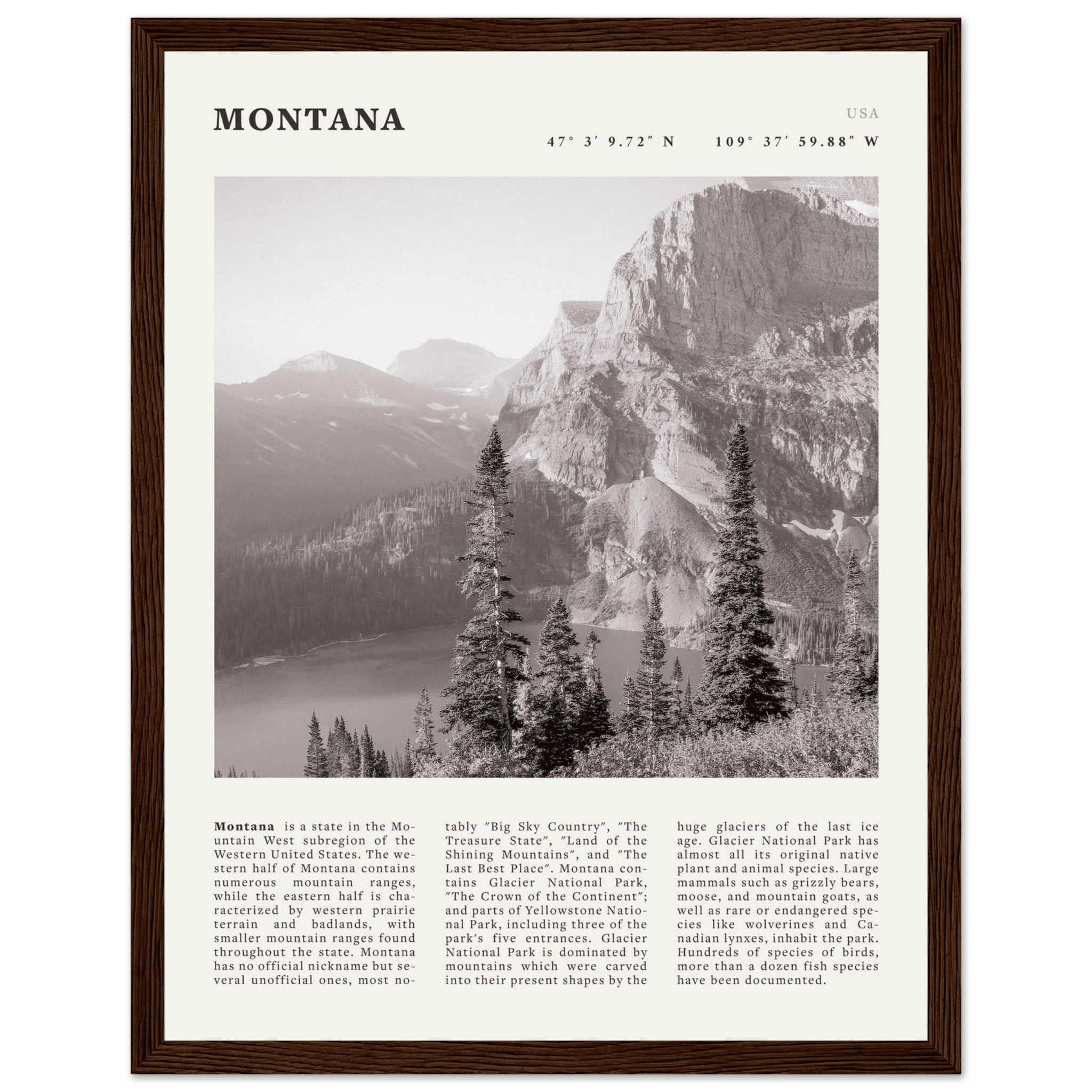 Montana Poster | Black & White Glacier National Park Wall Art | Nature Travel Print - Evergreen Posters