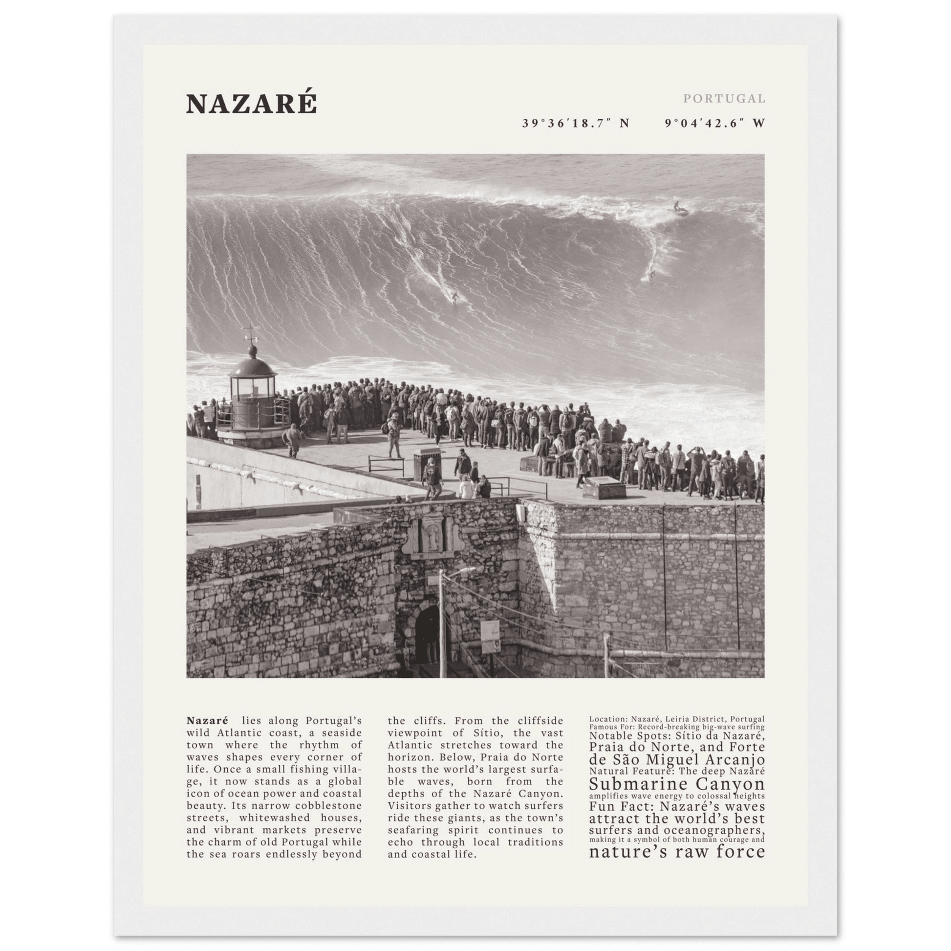 Nazaré Portugal Poster Black and White – Vintage Big Waves Surf Print (Digital & Printed Options) - Evergreen Posters