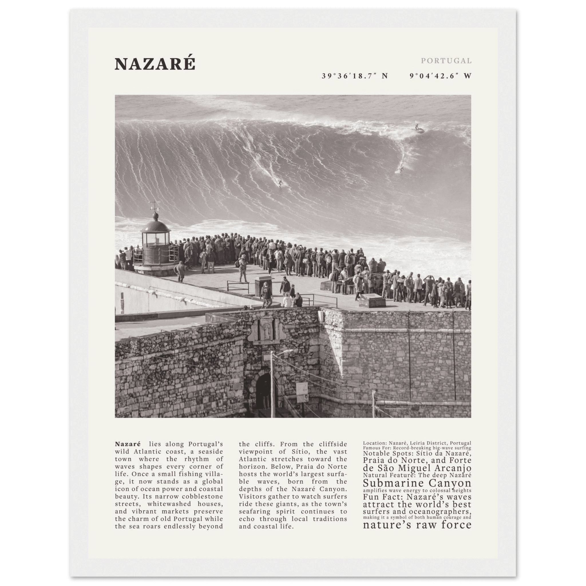 Nazaré Portugal Poster Black and White – Vintage Big Waves Surf Print (Digital & Printed Options) - Evergreen Posters