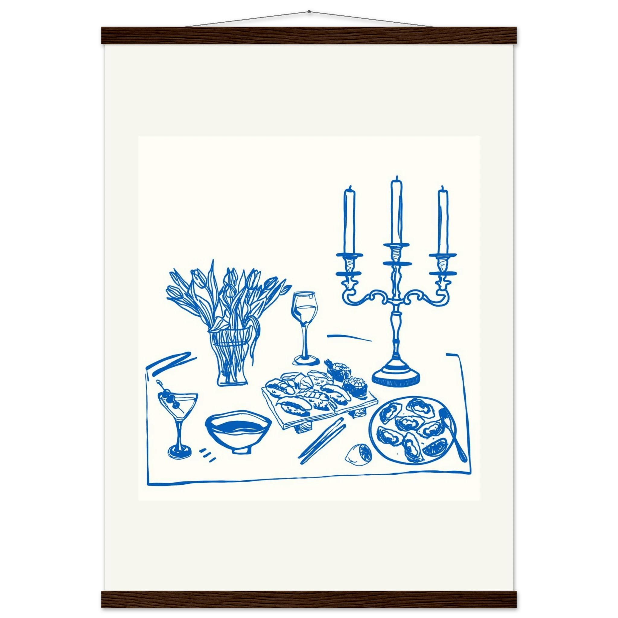 Fine Dining Table Print | Blue Line Art Kitchen Wall Art | Elegant Dining Room Poster - Evergreen Posters
