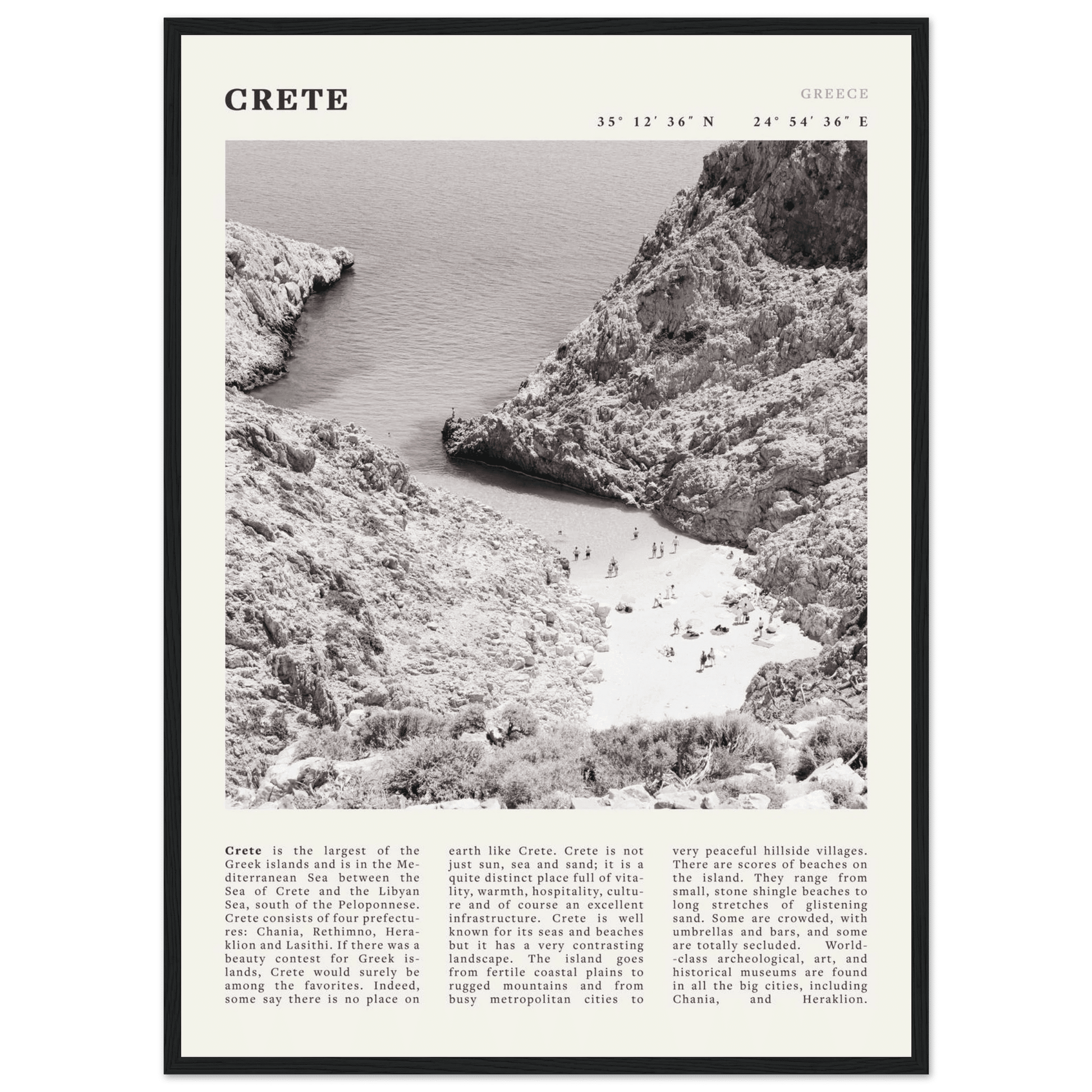 Crete Poster | Black & White Greece Beach Wall Art | Mediterranean Travel Print - Evergreen Posters
