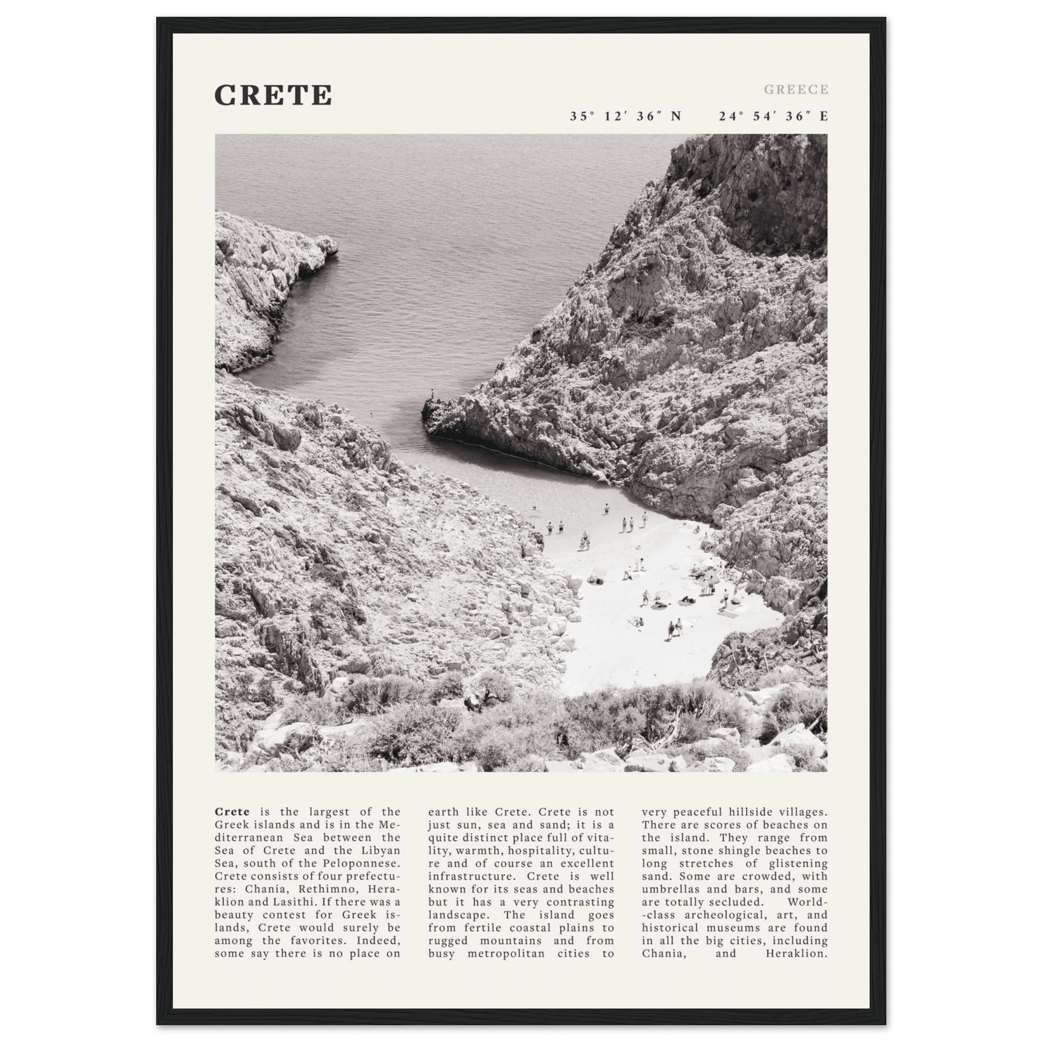 Crete Poster | Black & White Greece Beach Wall Art | Mediterranean Travel Print - Evergreen Posters