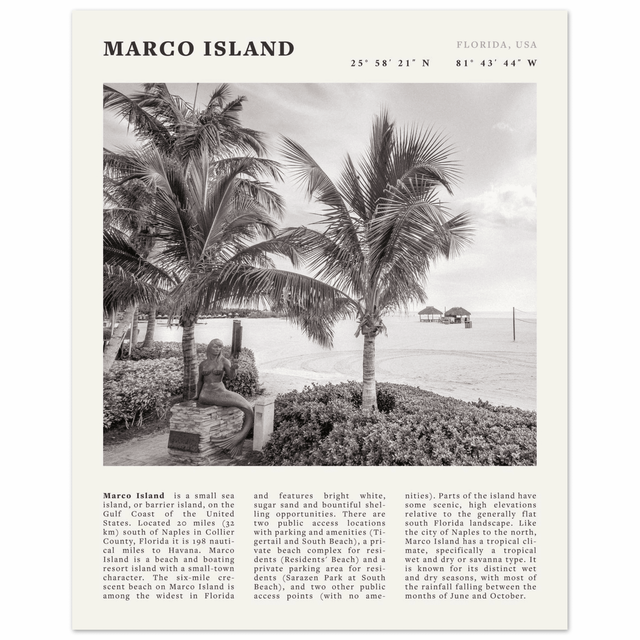 Marco Island Poster | Black & White Florida Beach Wall Art | Coastal Travel Print - Evergreen Posters