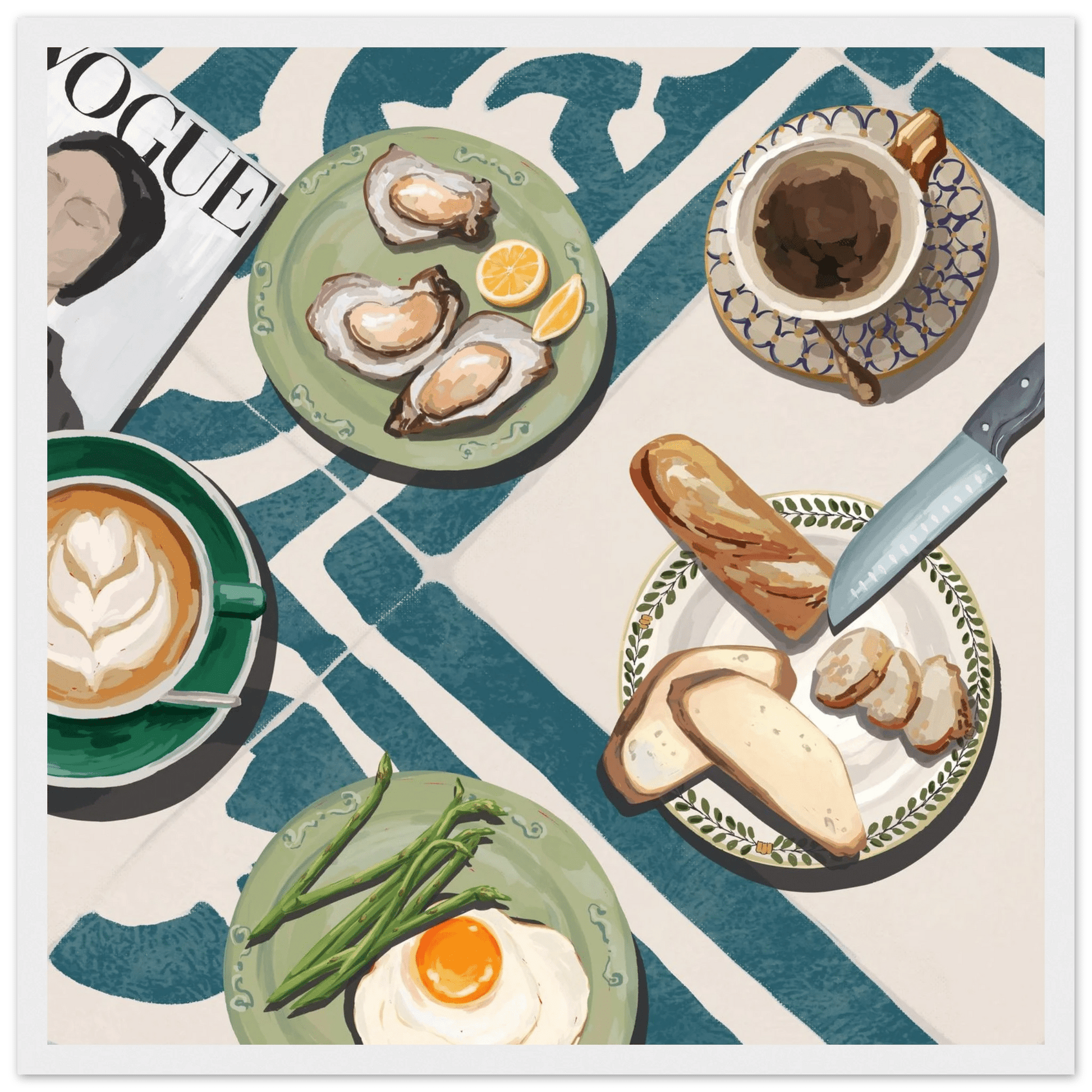 Oysters & Vogue Brunch Poster | Luxury Kitchen Wall Art | Blue Tile Square Print - Evergreen Posters - 22