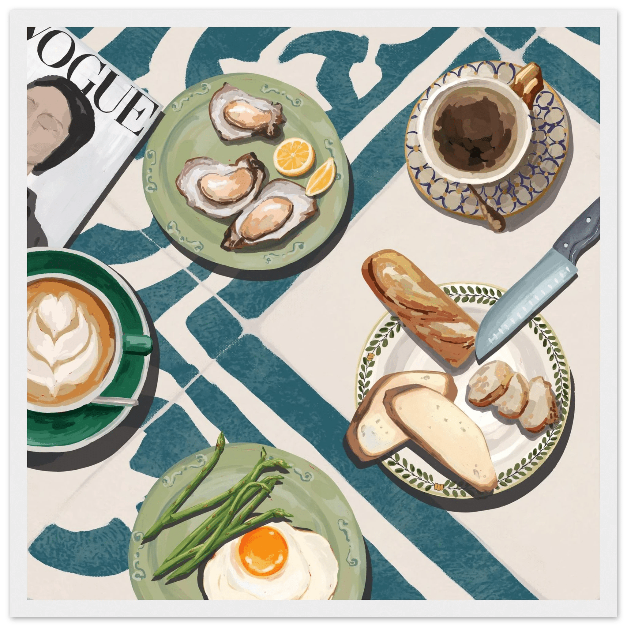 Oysters & Vogue Brunch Poster | Luxury Kitchen Wall Art | Blue Tile Square Print - Evergreen Posters - 22