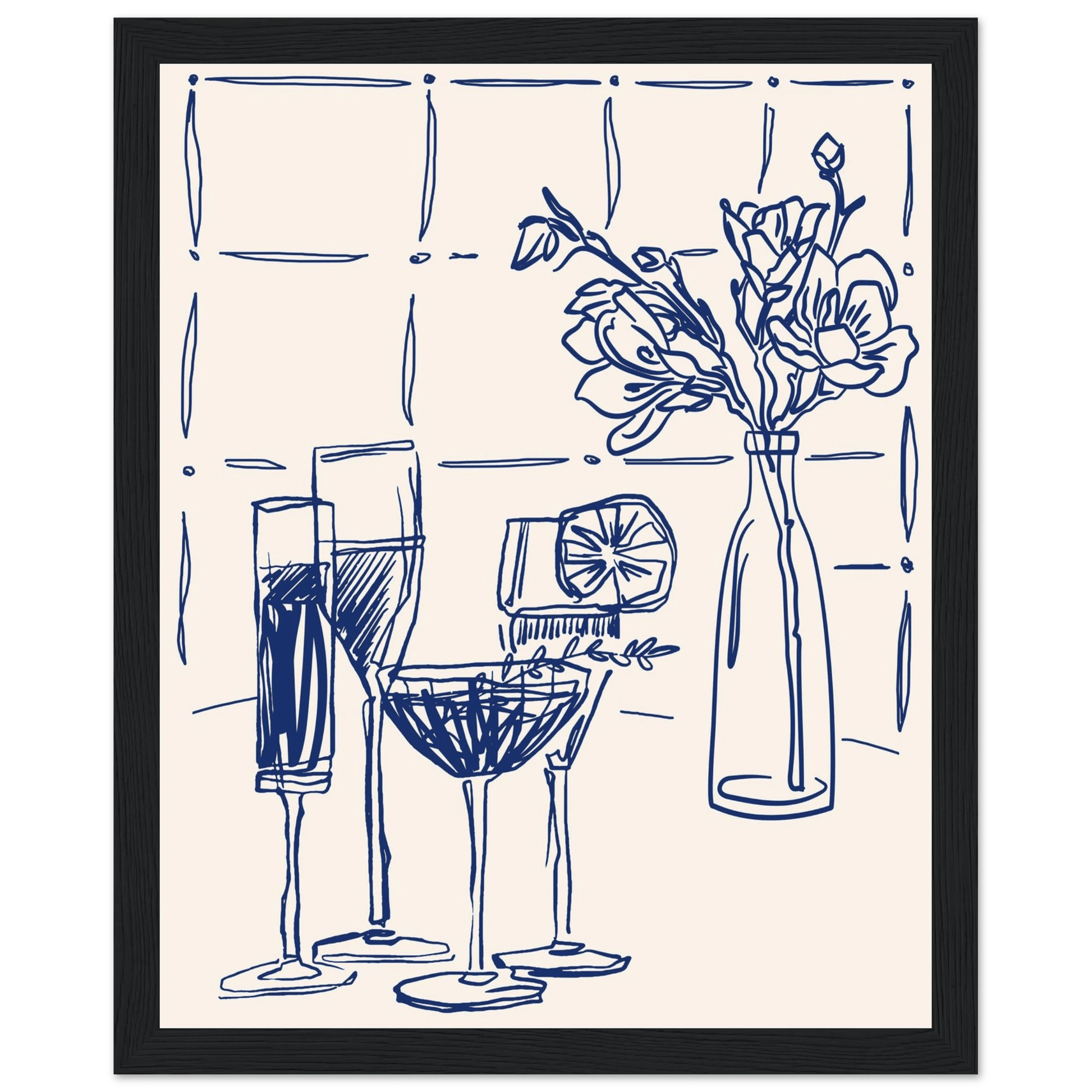 Cocktails & Flowers Print | Navy Blue Line Art Drinks Wall Art | Kitchen Bar Poster - Evergreen Posters