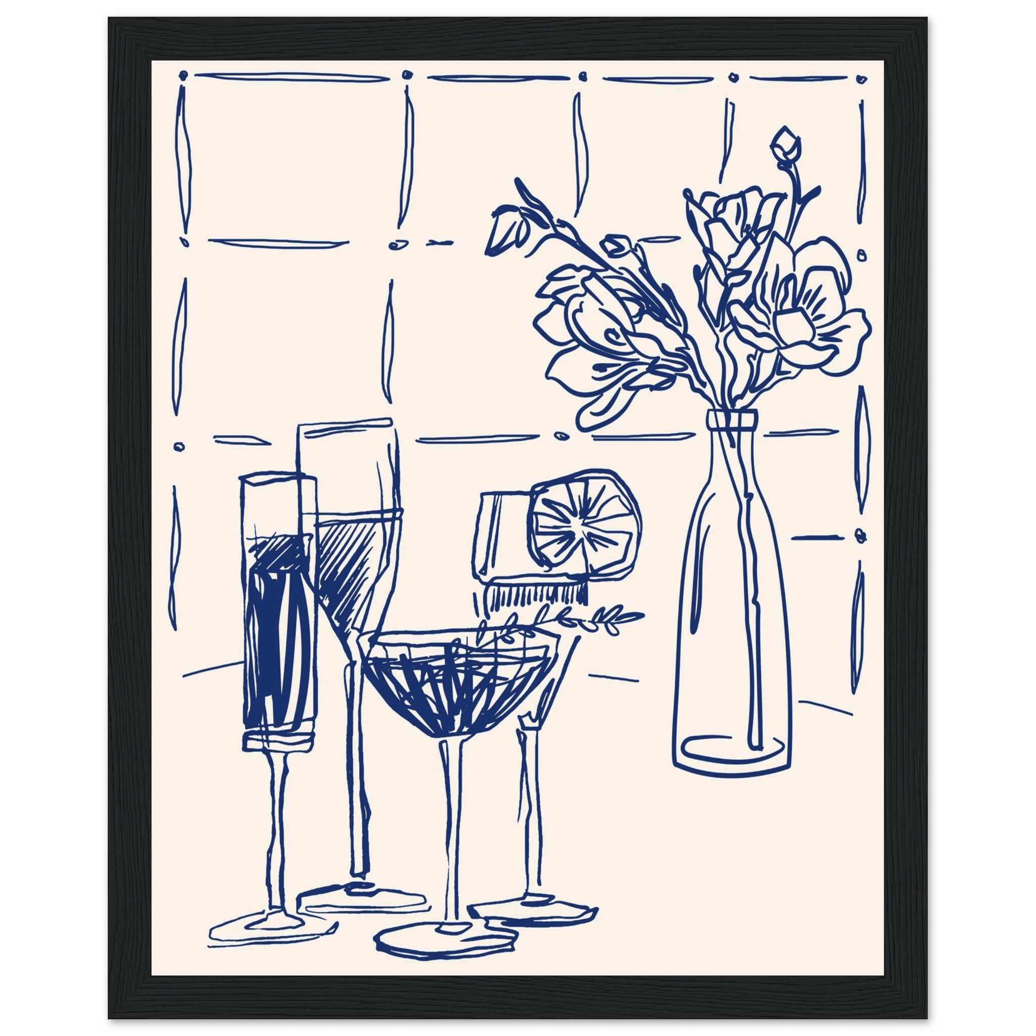 Cocktails & Flowers Print | Navy Blue Line Art Drinks Wall Art | Kitchen Bar Poster - Evergreen Posters