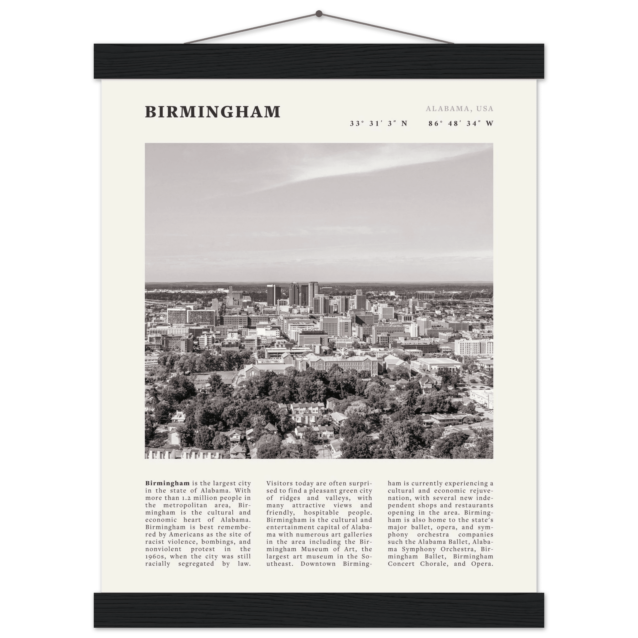 Birmingham Poster | Black & White Alabama Skyline Wall Art | AL Travel Print - Evergreen Posters