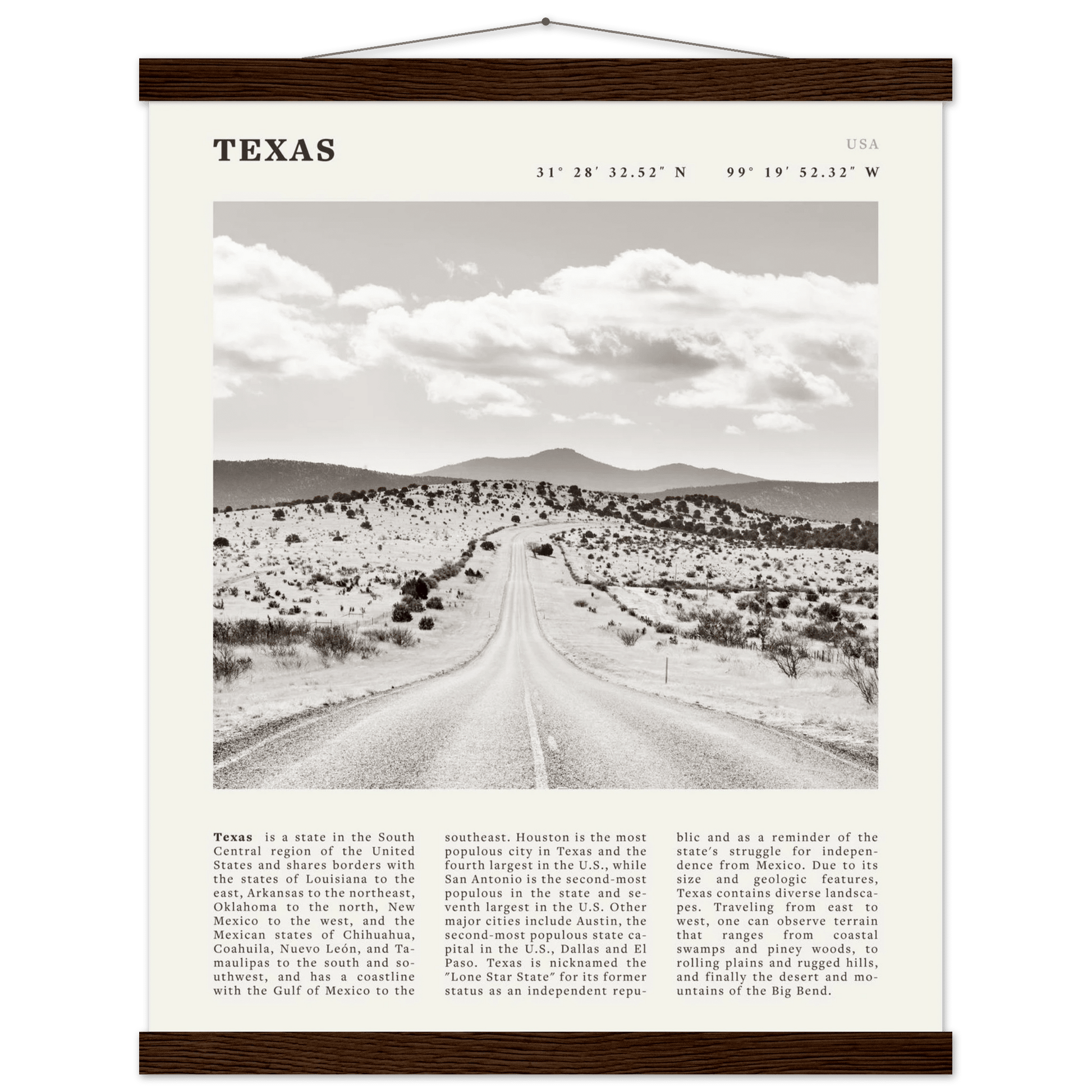 Texas Poster | Black & White Lone Star Road Wall Art | USA Travel Print Decor - Evergreen Posters