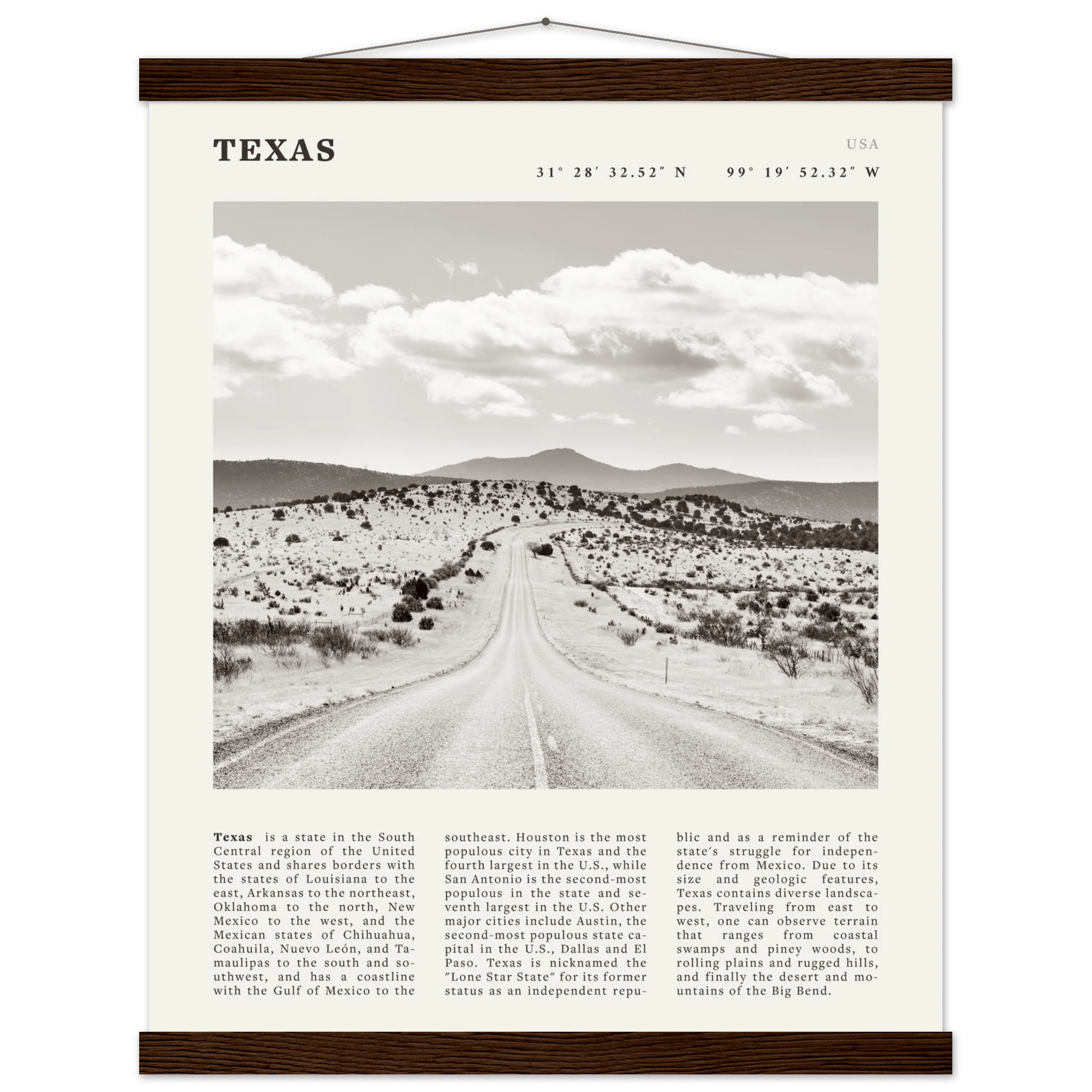 Texas Poster | Black & White Lone Star Road Wall Art | USA Travel Print Decor - Evergreen Posters
