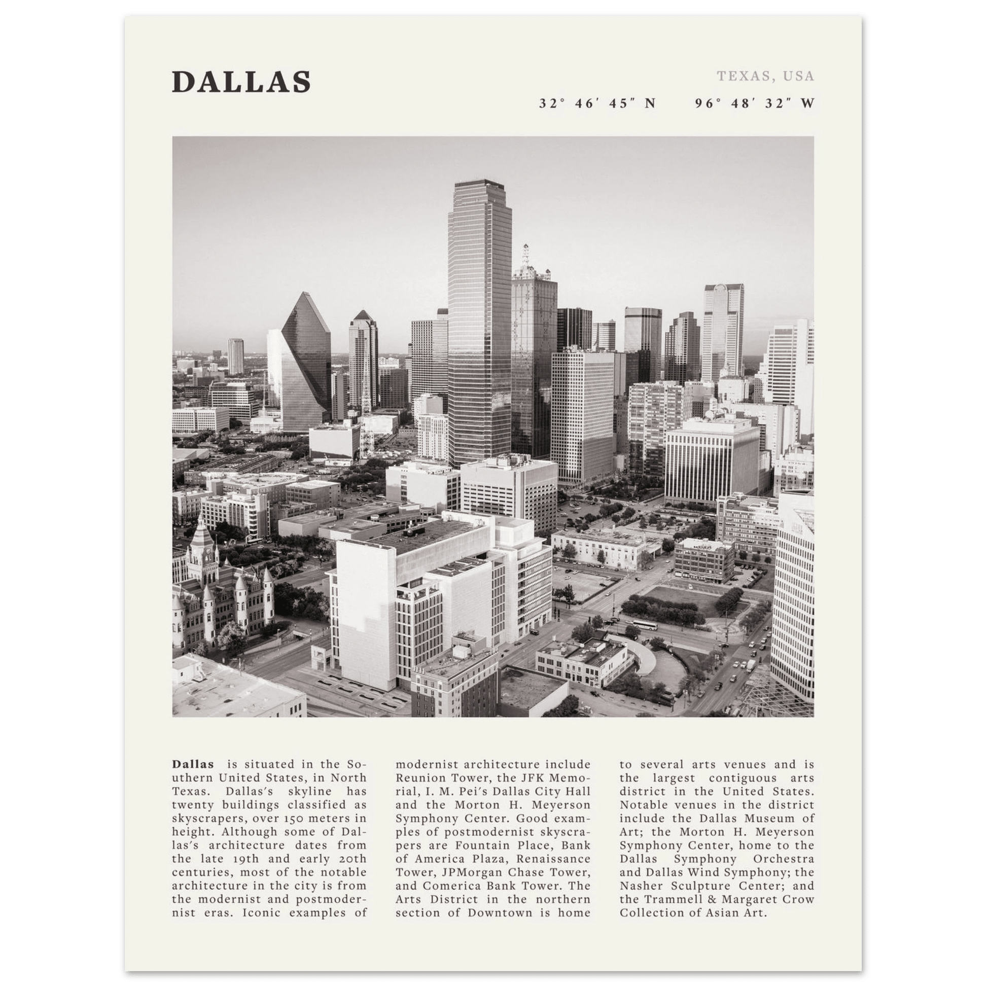 Dallas Poster | Black & White Texas Skyline Wall Art | City Travel Print Decor - Evergreen Posters
