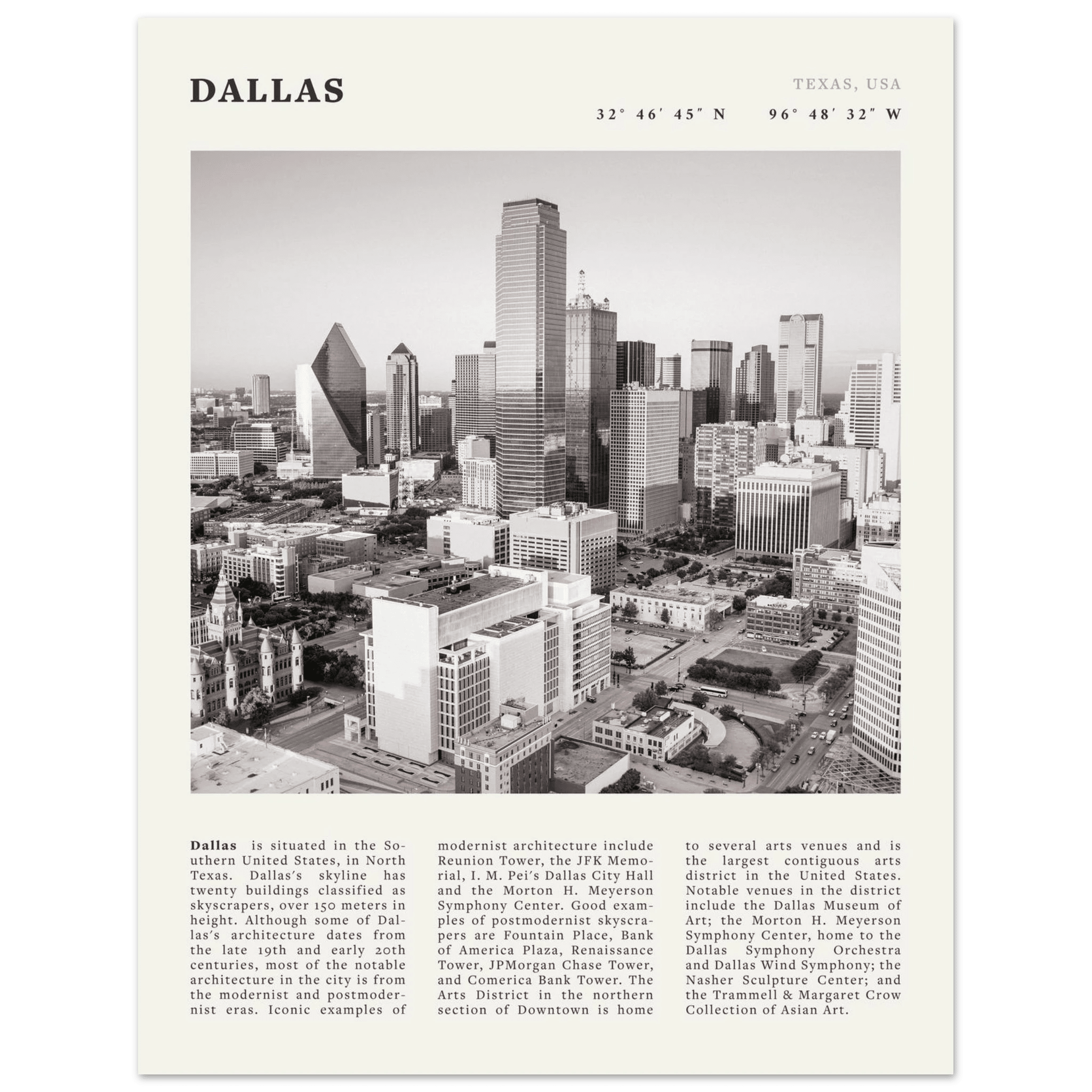 Dallas Poster | Black & White Texas Skyline Wall Art | City Travel Print Decor - Evergreen Posters