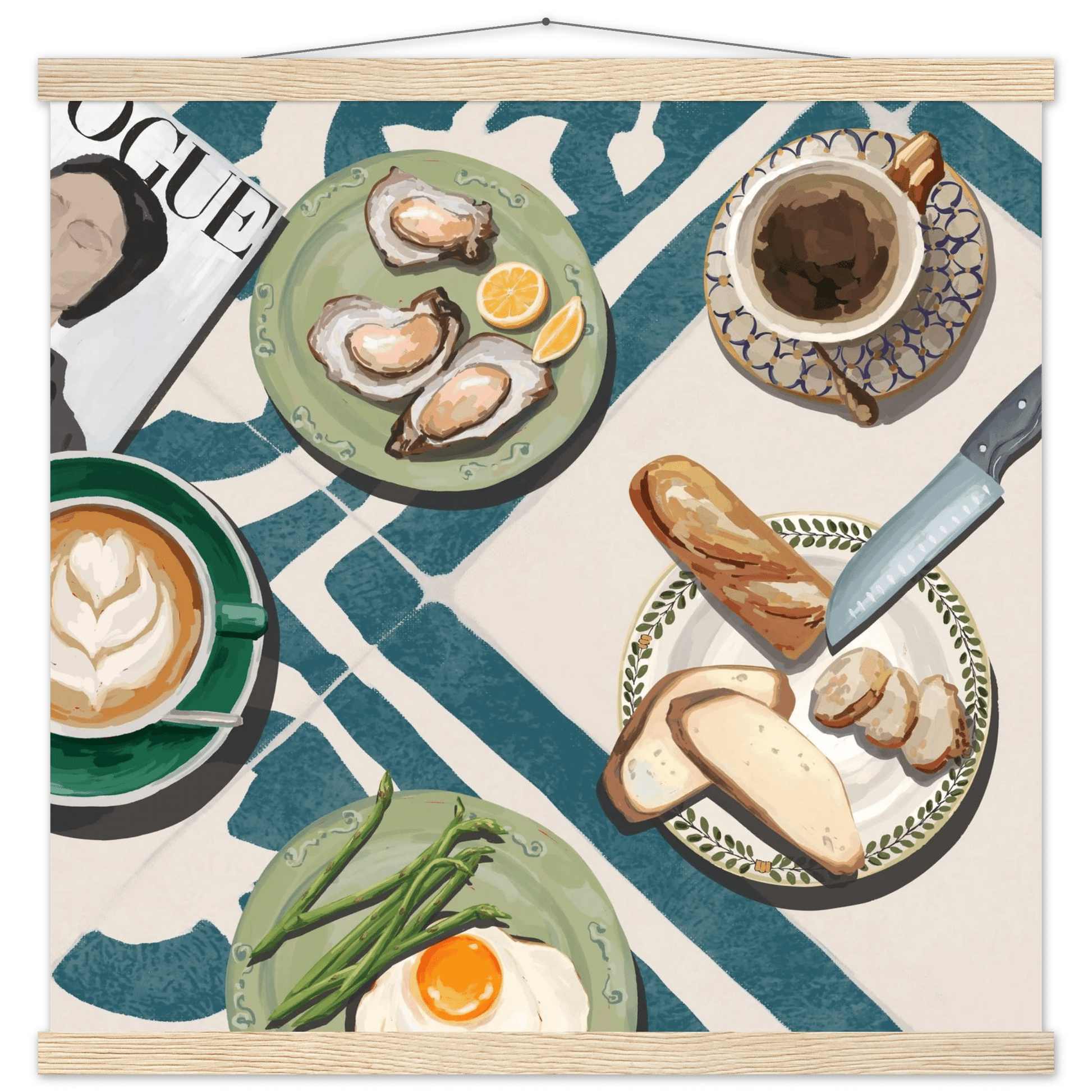 Oysters & Vogue Brunch Poster | Luxury Kitchen Wall Art | Blue Tile Square Print - Evergreen Posters - 32