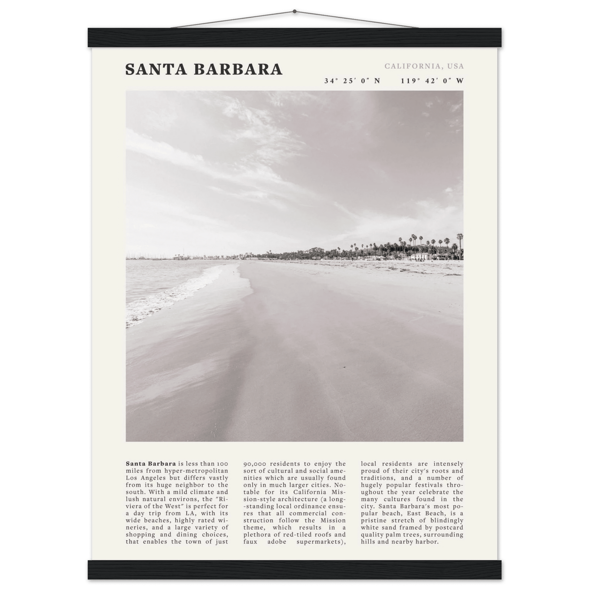 Santa Barbara Poster | Black & White California Beach Wall Art | CA Travel Print - Evergreen Posters