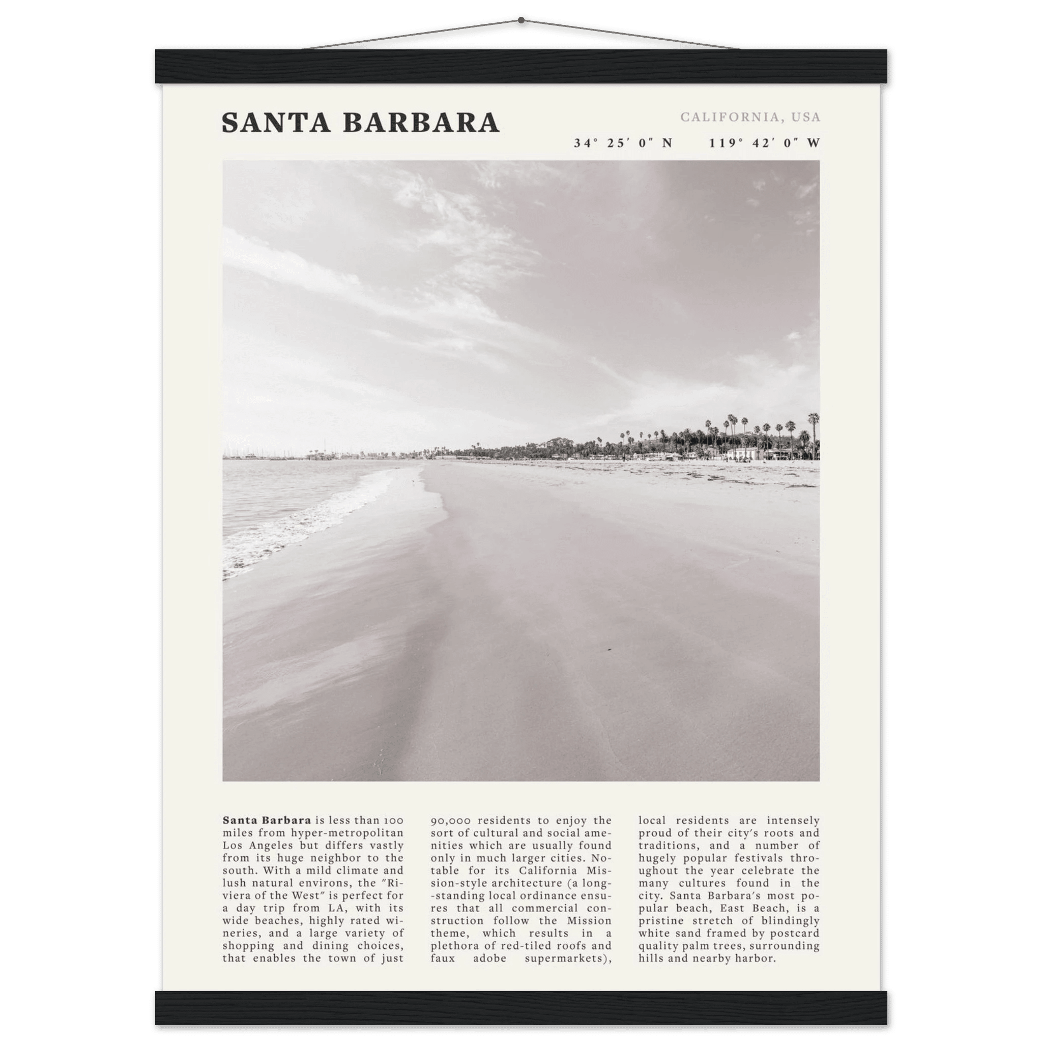 Santa Barbara Poster | Black & White California Beach Wall Art | CA Travel Print - Evergreen Posters