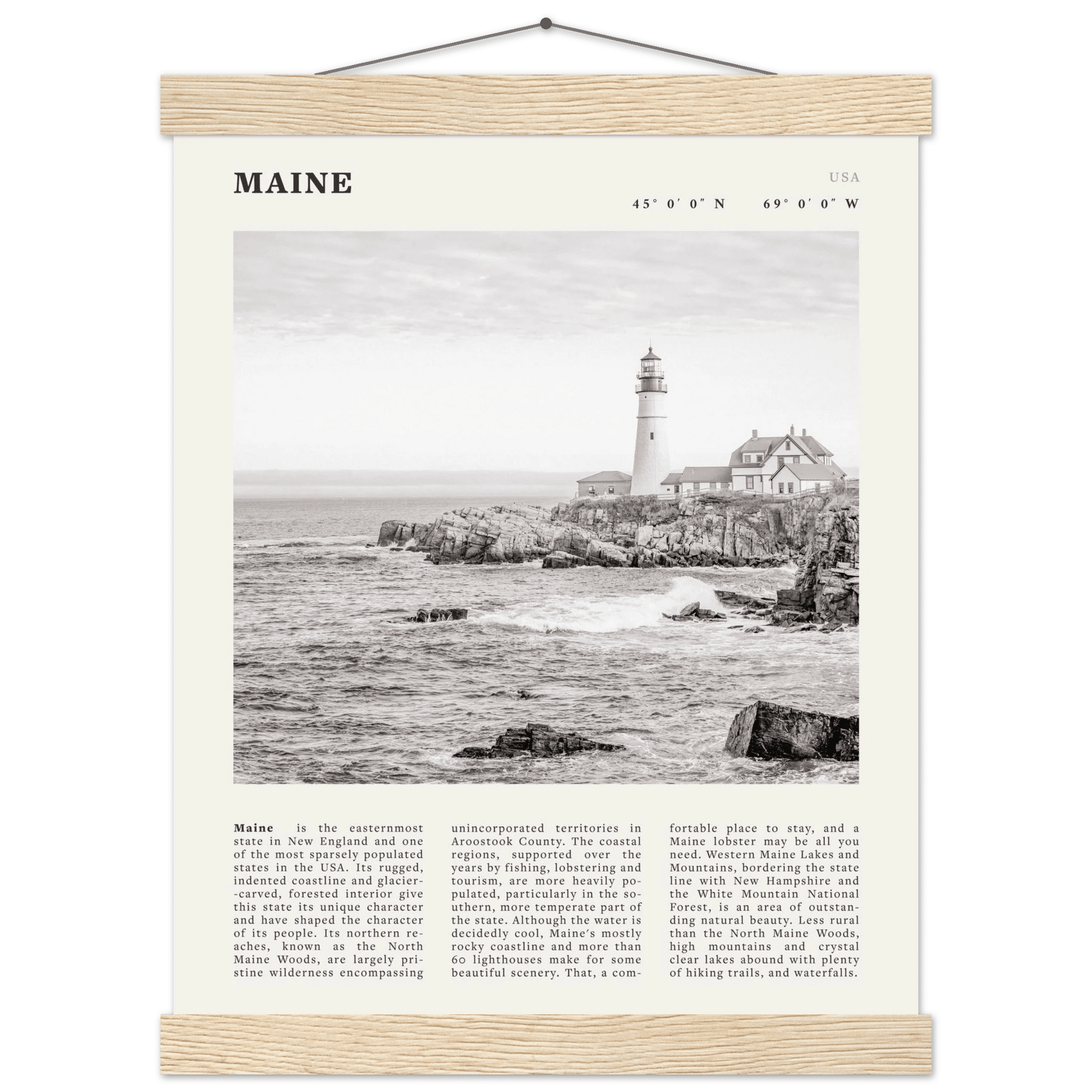 Maine Poster | Black & White Lighthouse Wall Art | New England Coastal Travel Print - Evergreen Posters