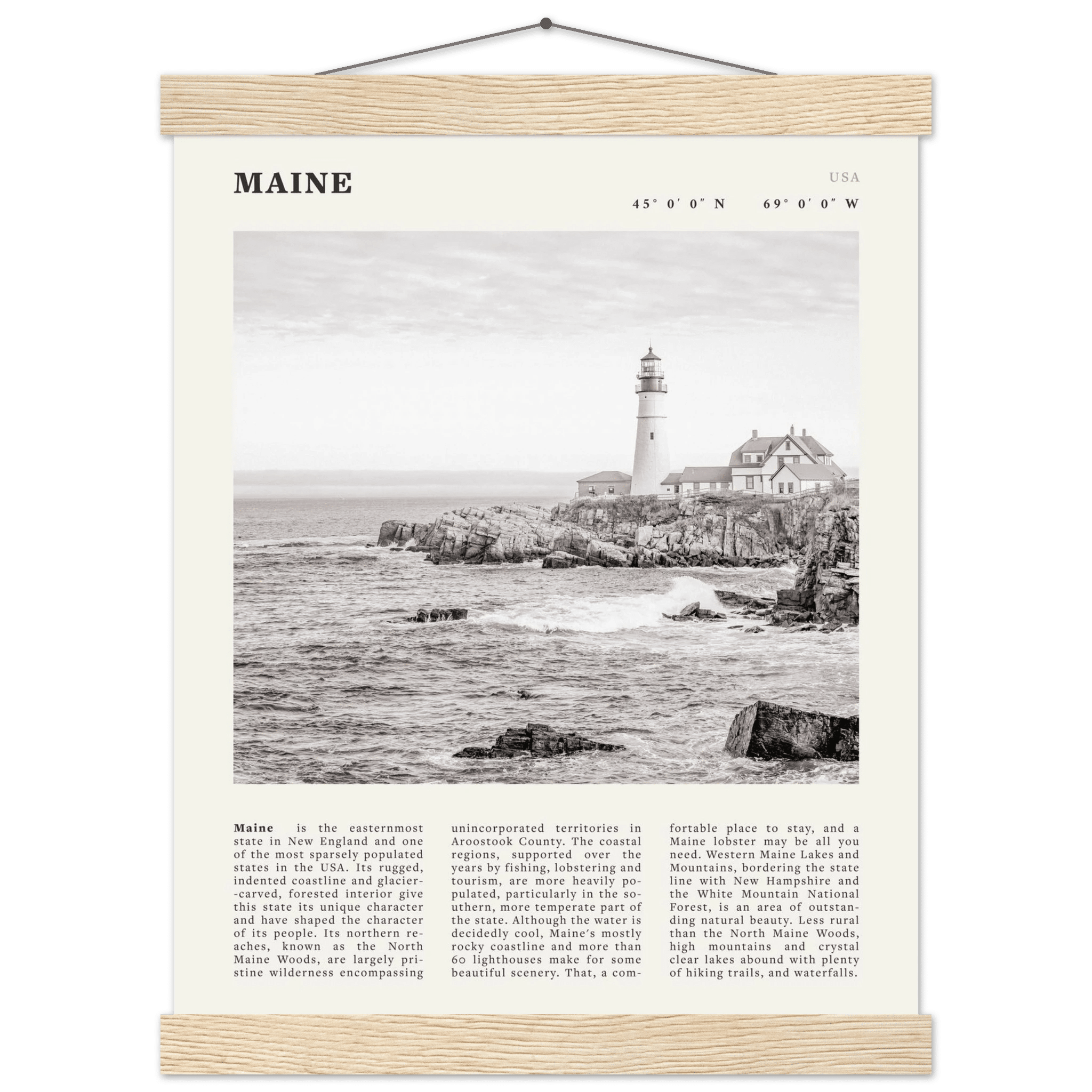 Maine Poster | Black & White Lighthouse Wall Art | New England Coastal Travel Print - Evergreen Posters