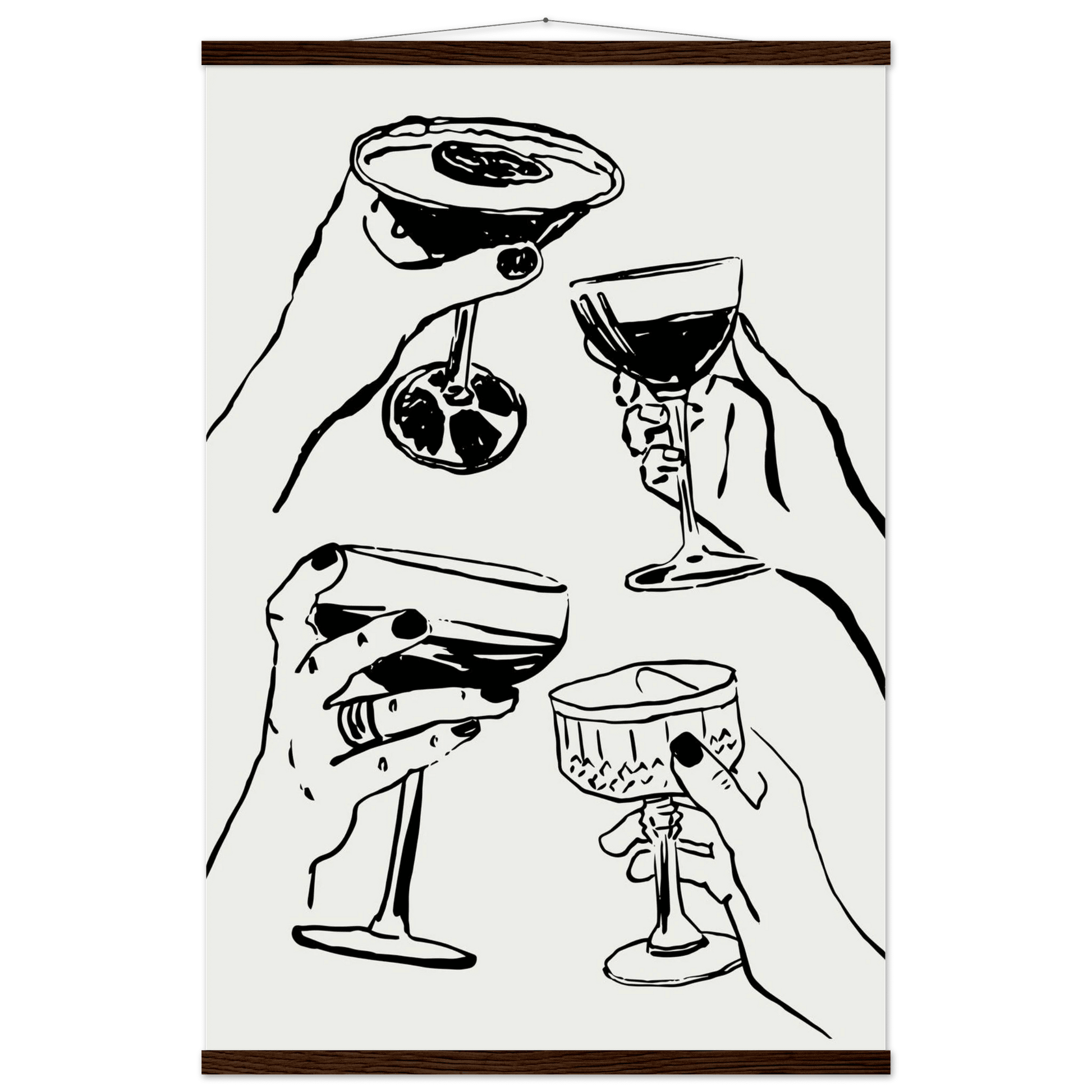 Cheers Print | Black Line Art Cocktail Glasses Wall Art | Kitchen Bar Poster - Evergreen Posters