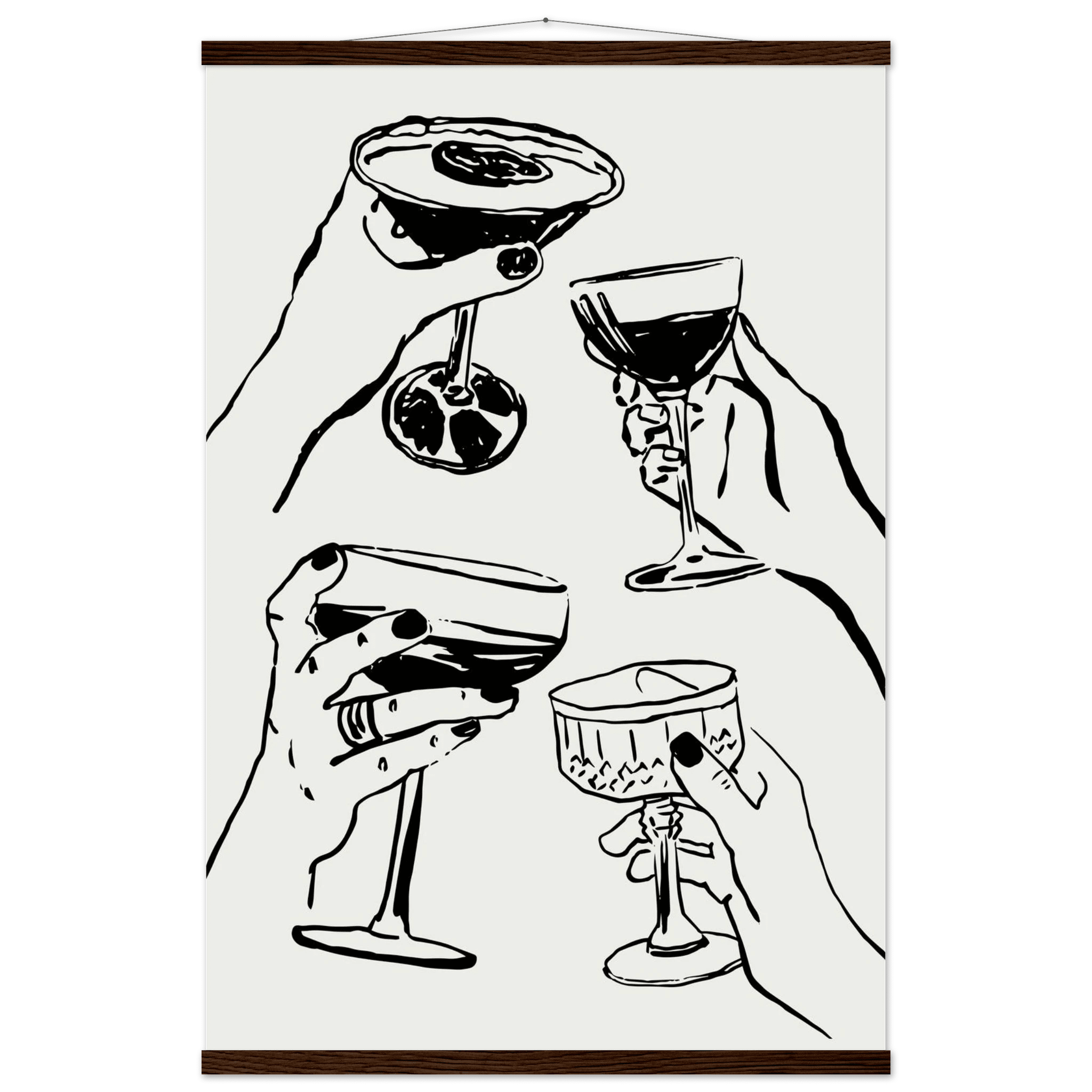 Cheers Print | Black Line Art Cocktail Glasses Wall Art | Kitchen Bar Poster - Evergreen Posters