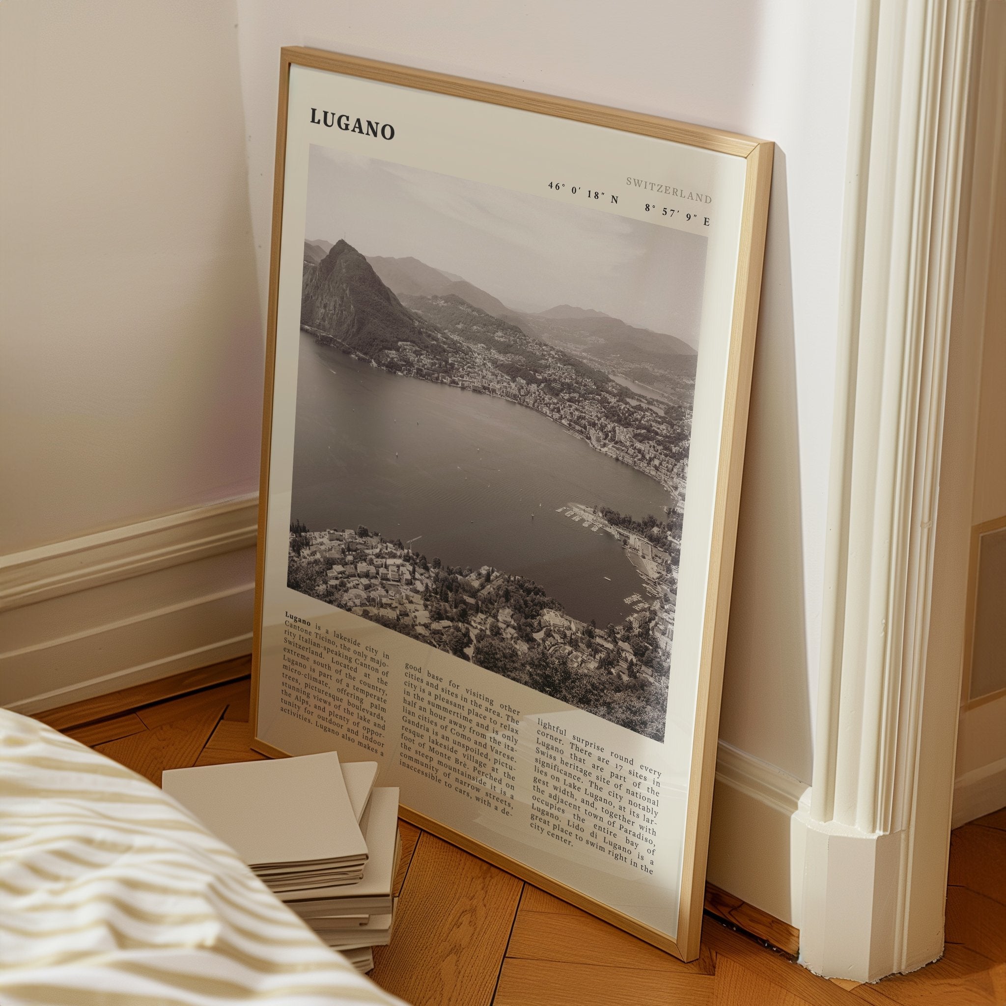 Lugano Poster | Black & White Swiss Lake Wall Art | Switzerland Travel Print - Evergreen Posters