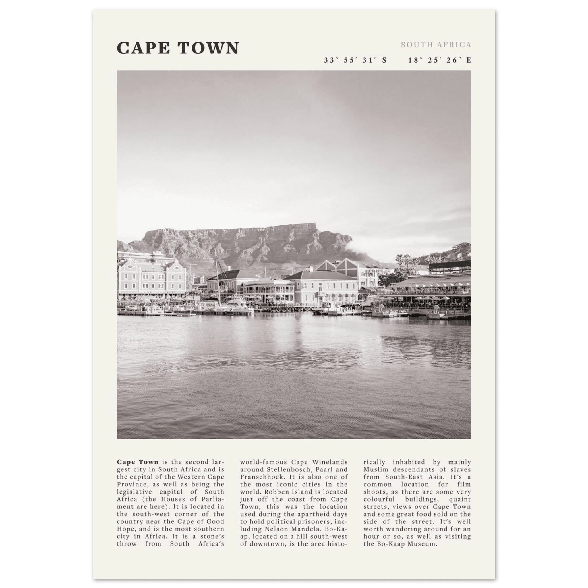 Cape Town Poster | Black & White Table Mountain Wall Art | South Africa Travel Print - Evergreen Posters