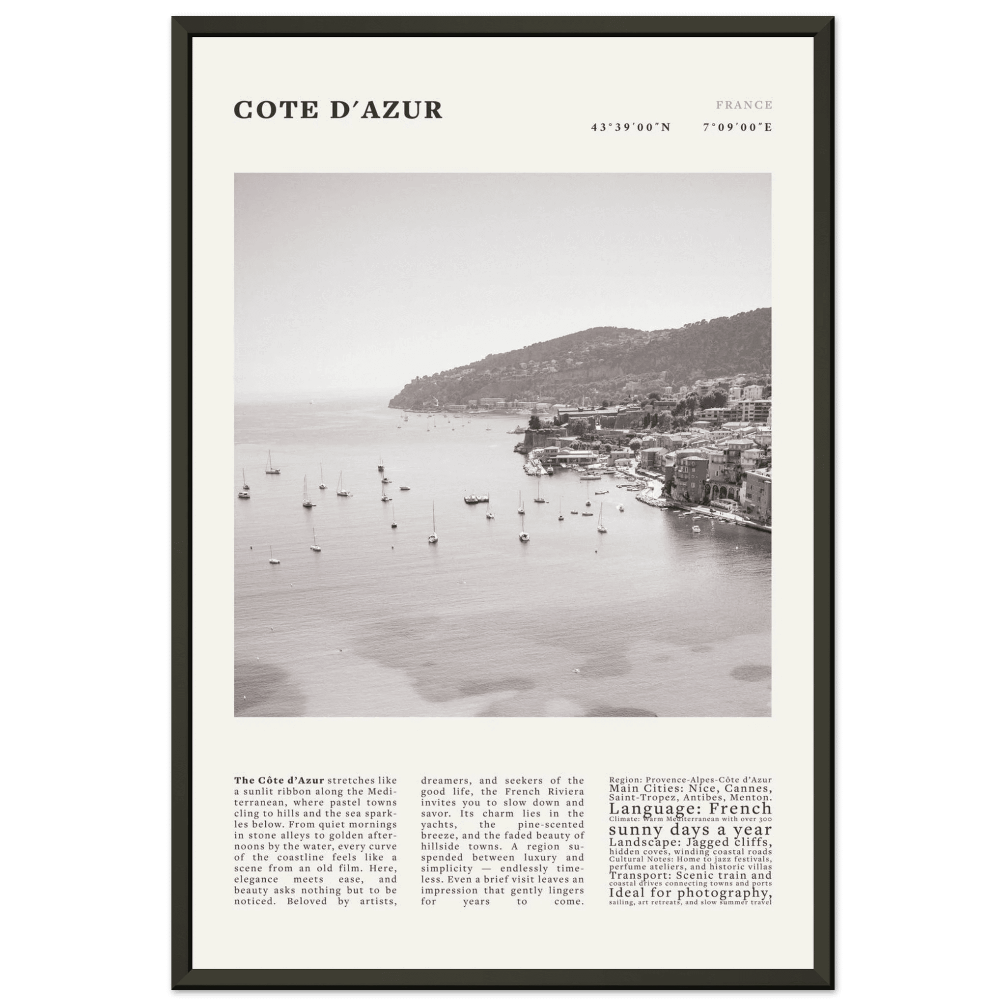 Côte d'Azur Poster Black and White – Vintage French Riviera Coast Print (Digital & Printed Options) - Evergreen Posters