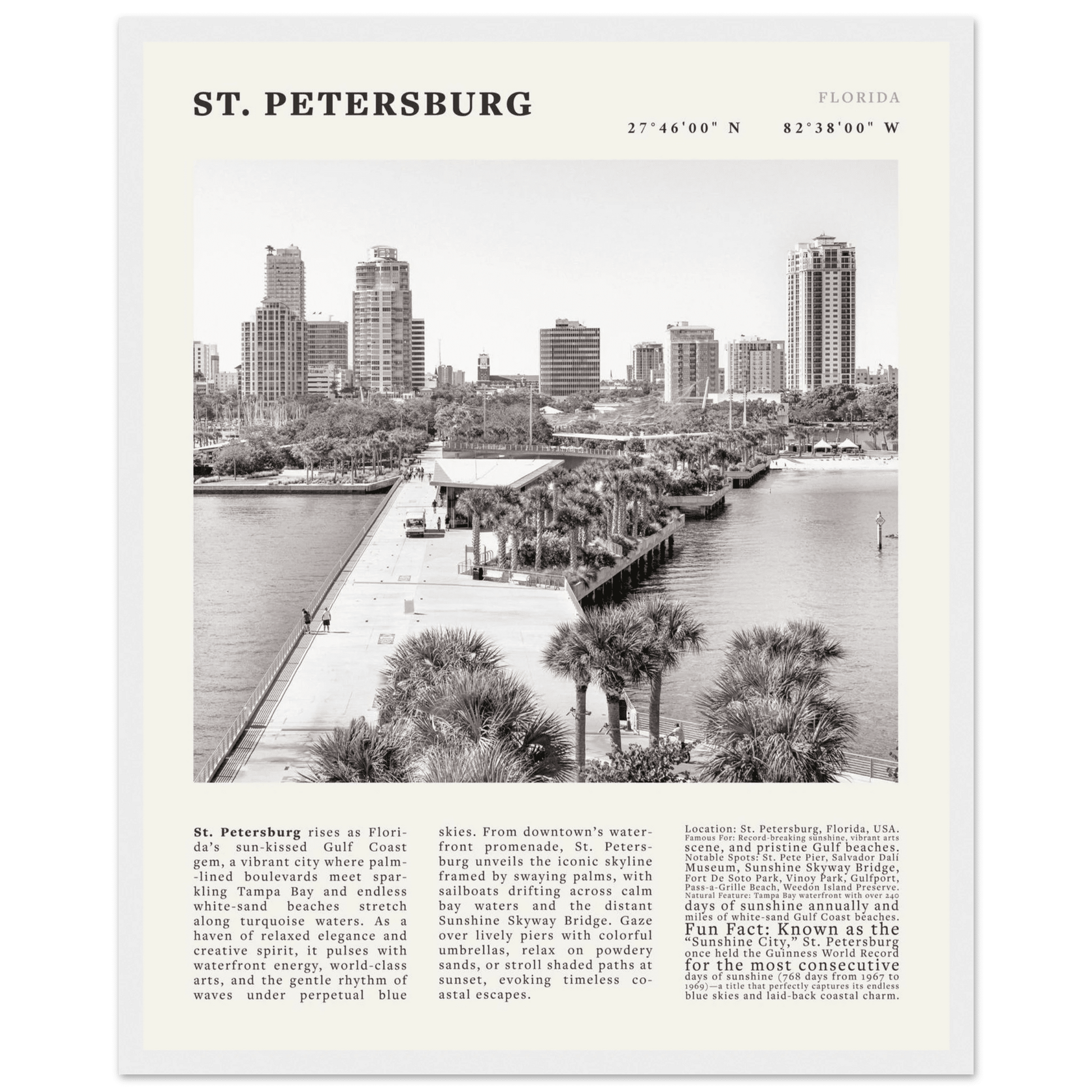 St. Petersburg Florida Poster Black and White – Vintage St Pete Skyline Print (Digital & Printed Options) - Evergreen Posters