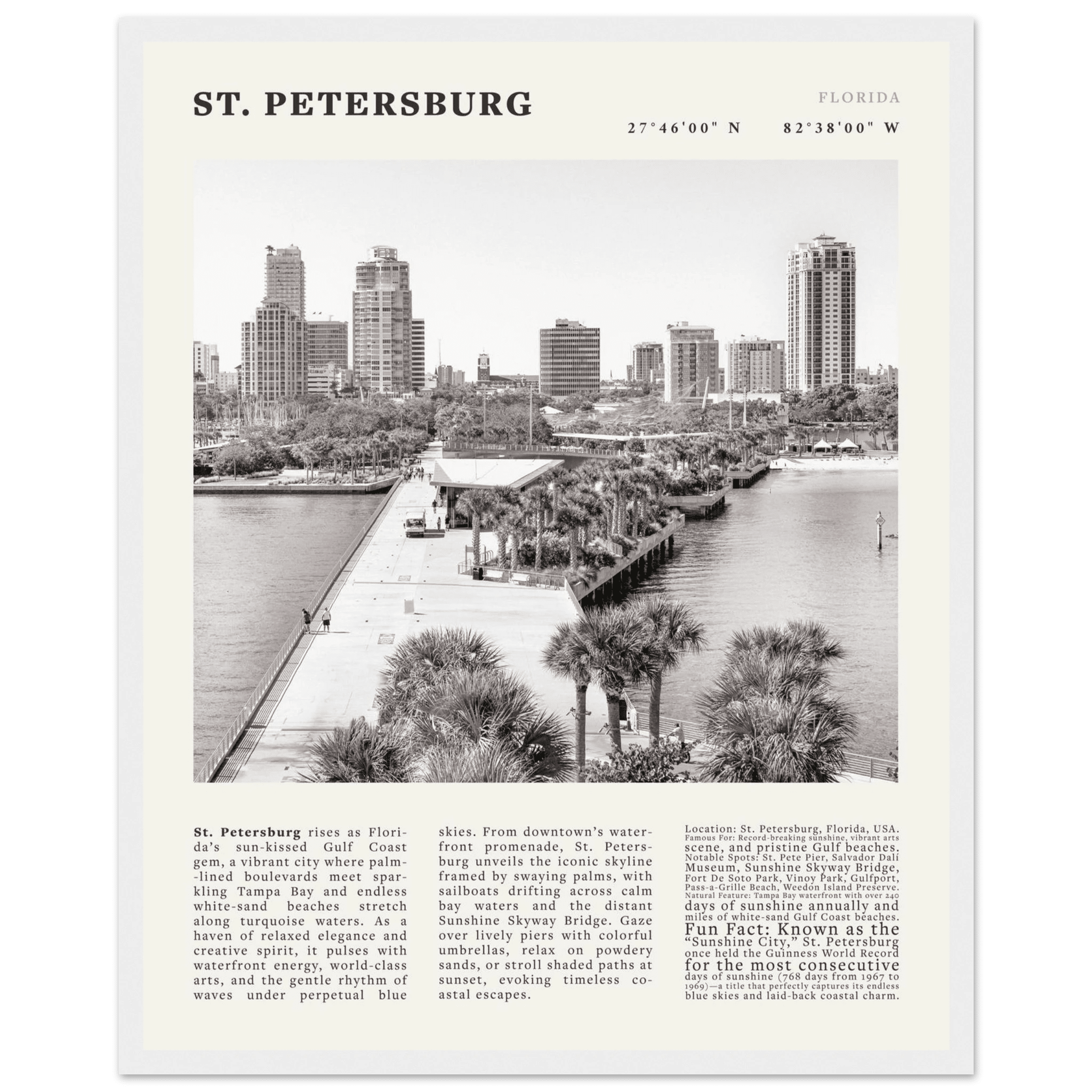 St. Petersburg Florida Poster Black and White – Vintage St Pete Skyline Print (Digital & Printed Options) - Evergreen Posters