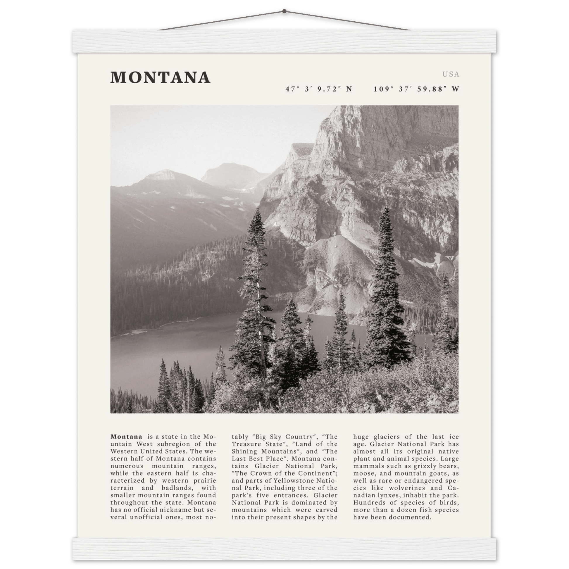 Montana Poster | Black & White Glacier National Park Wall Art | Nature Travel Print - Evergreen Posters