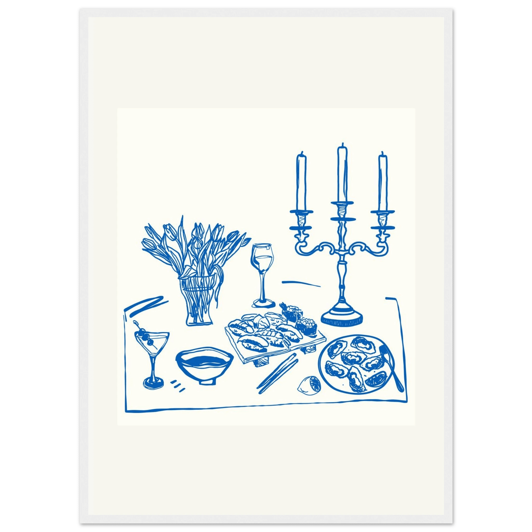 Fine Dining Table Print | Blue Line Art Kitchen Wall Art | Elegant Dining Room Poster - Evergreen Posters