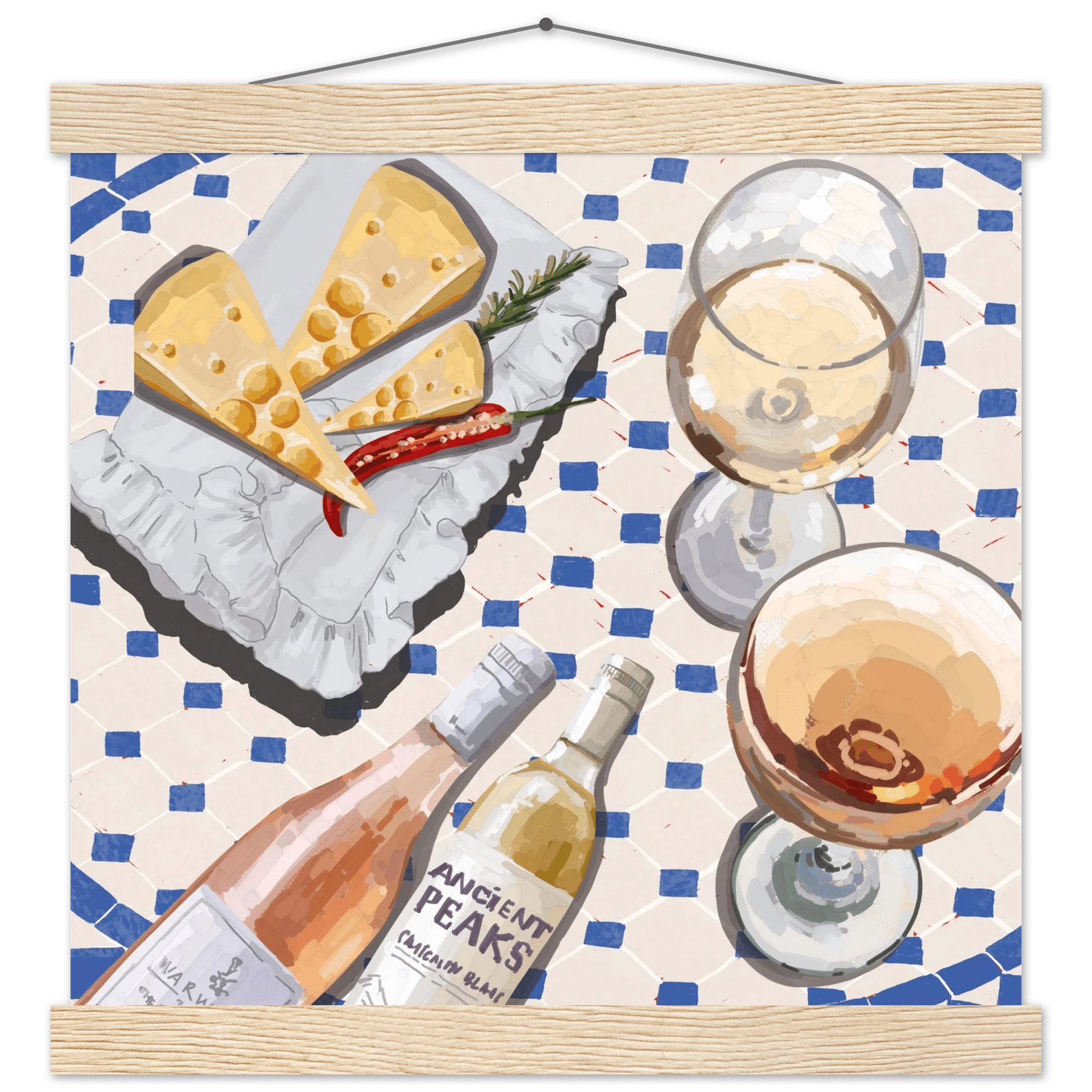 Wine & Cheese Poster | Food Wall Art | Blue Tile Square Kitchen Print - Evergreen Posters - 34