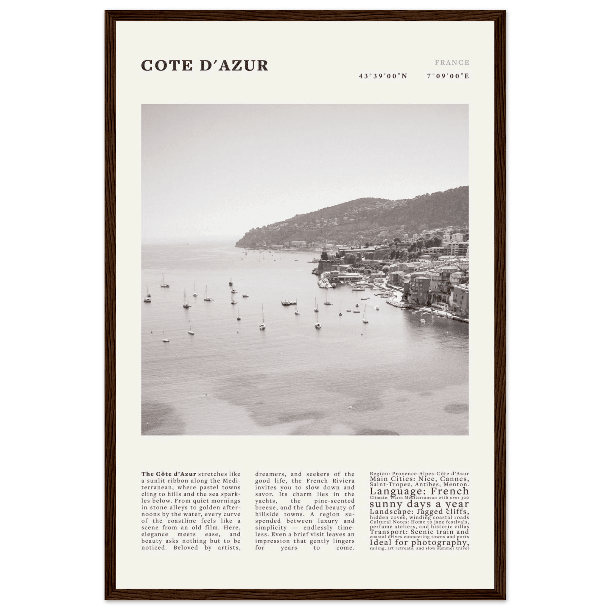 Côte d'Azur Poster Black and White – Vintage French Riviera Coast Print (Digital & Printed Options) - Evergreen Posters