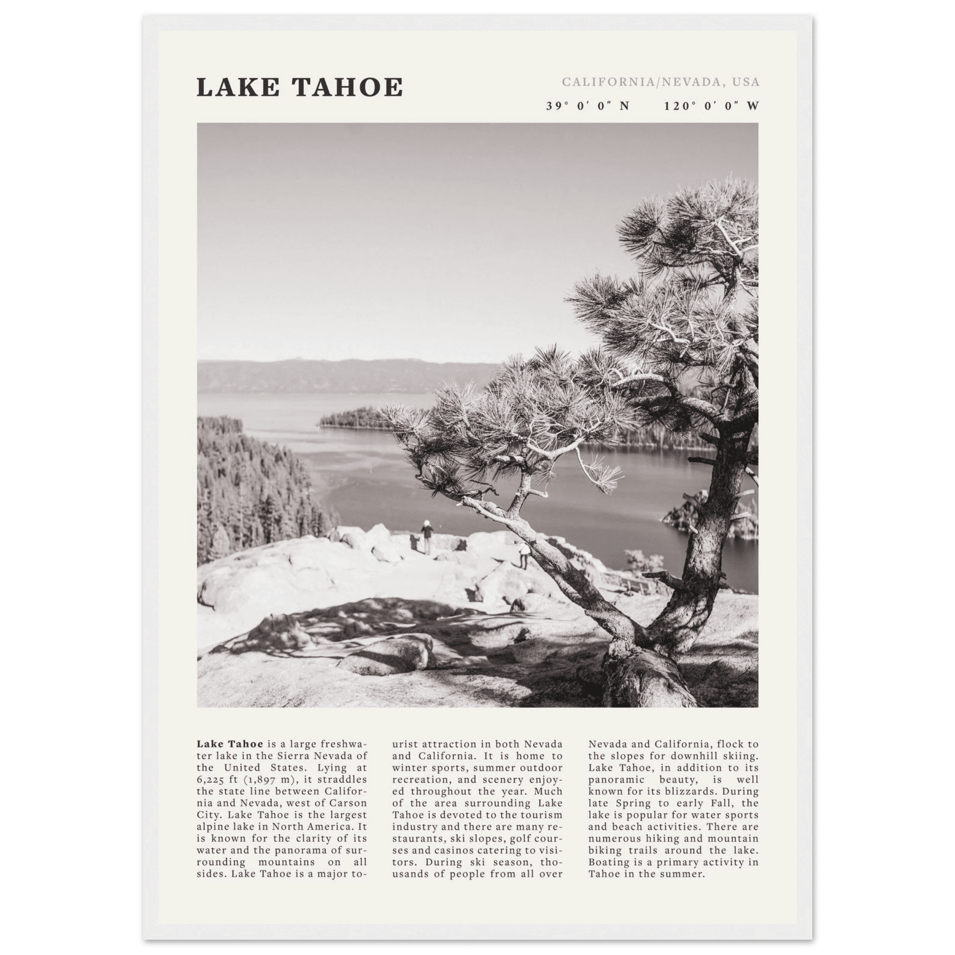 Lake Tahoe Poster | Black & White California Nevada Wall Art | Nature Travel Print Decor - Evergreen Posters